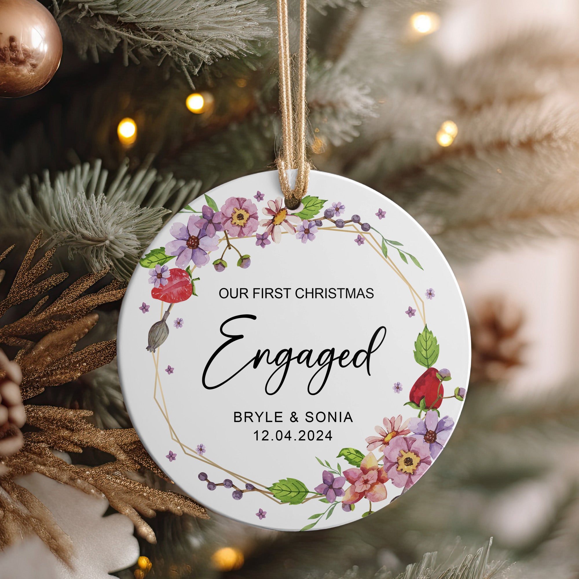 Personalized Engagement Christmas Ornament - Custom Floral Ceramic Keepsake for Couples - Image 4