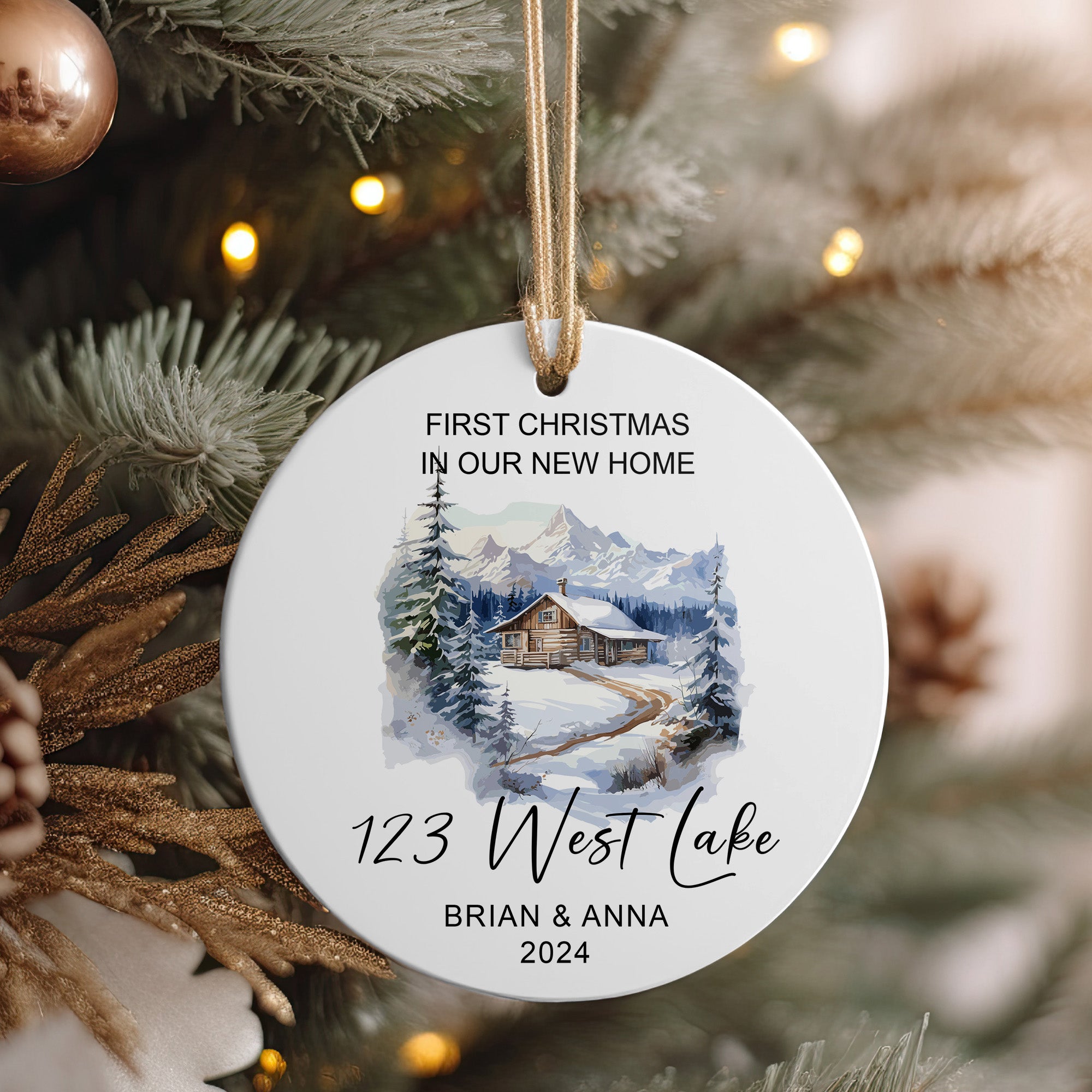 Personalized First Christmas in New Home Ceramic Ornament – Elegant Winter Cabin Design, Custom Names & Address, Heartfelt Keepsake for New Homeowners - Image 4