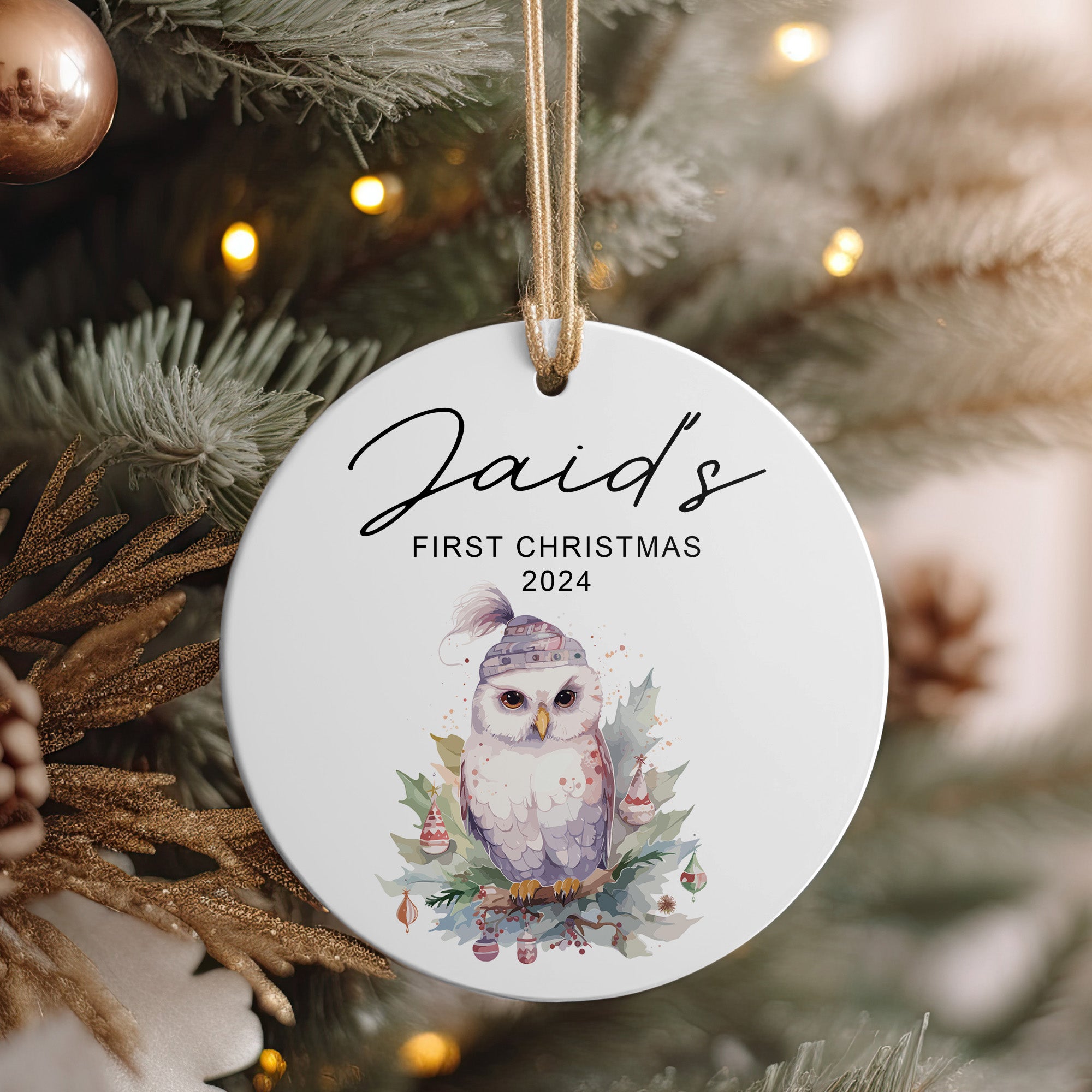 Personalized Baby's First Christmas Ceramic Ornament 2024 - Custom Name Owl Design Keepsake - Image 4