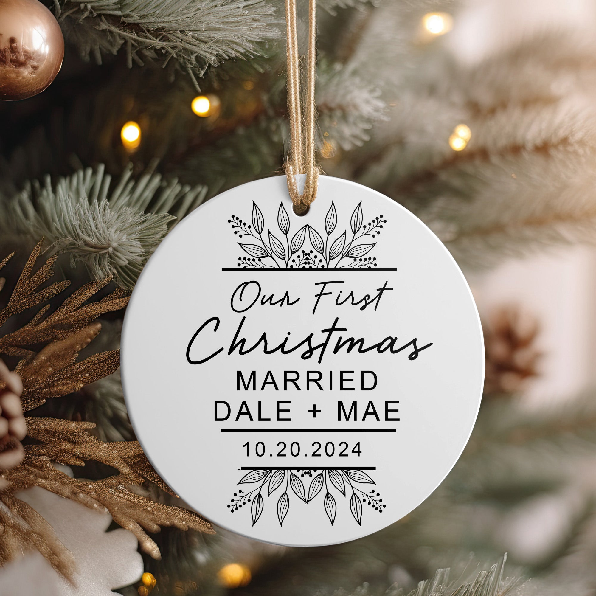 Personalized "Our First Christmas" Ceramic Ornament – Elegant Handcrafted Keepsake for Newlyweds, Customizable with Names and Date - Image 4