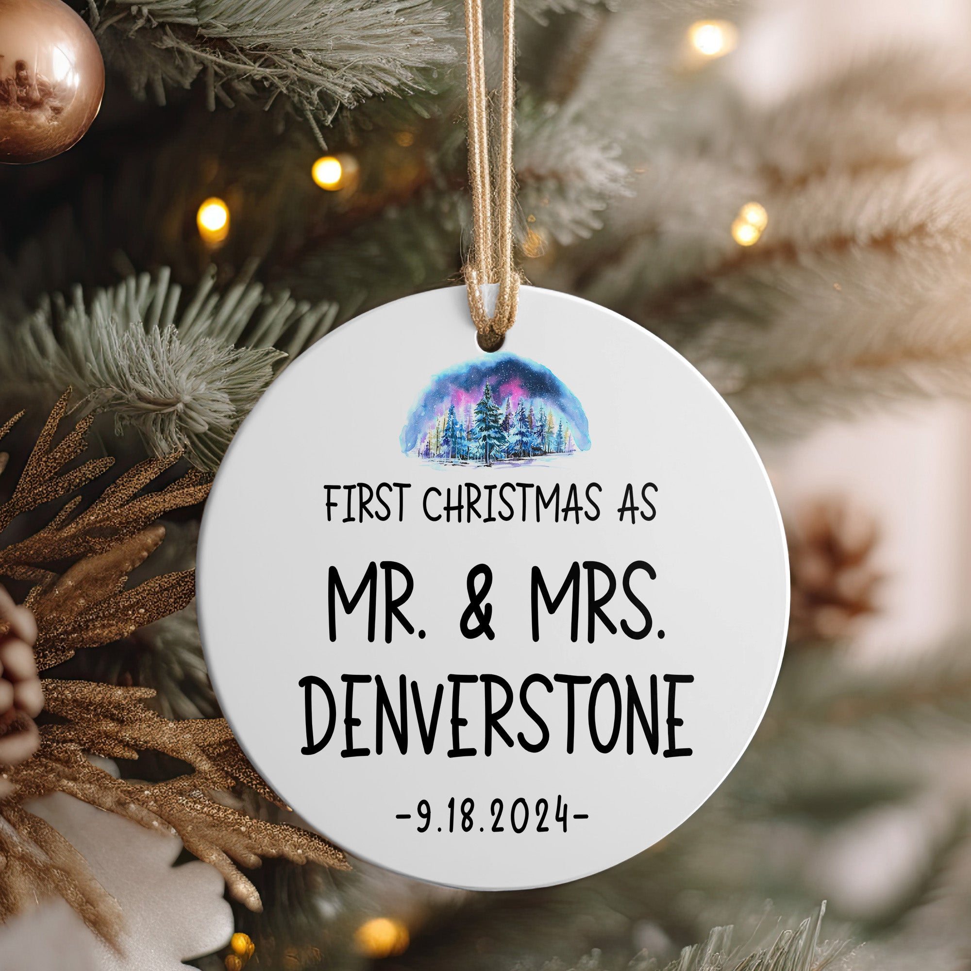 Personalized First Christmas Ceramic Ornament for Couples – Elegant Watercolor Design, Perfect as Newlywed Gift with Date Customization - Image 4