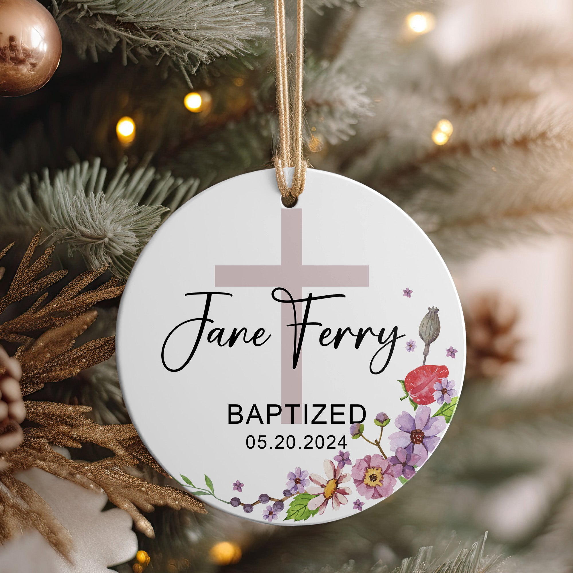 Personalized Floral Baptism Ceramic Ornament for Baby - Custom Name and Date Keepsake Gift - Image 4