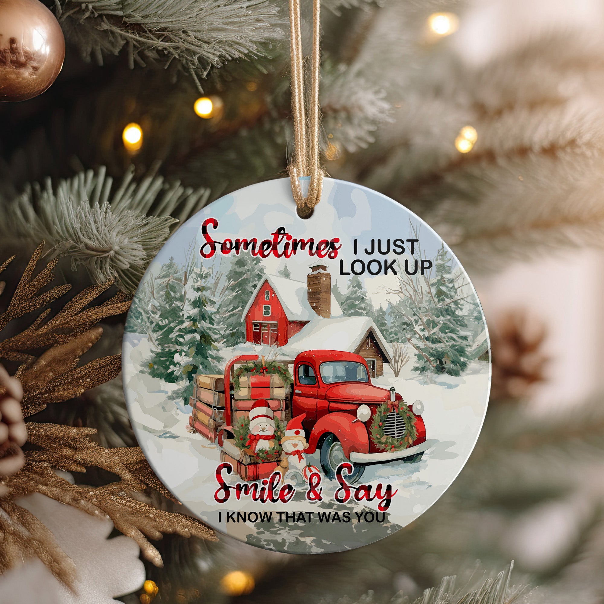 Personalized Memorial Christmas Ornament – Rustic Red Truck & Snowy Cabin Scene with Heartfelt Message – Perfect Gift for Remembering Loved Ones - Image 4