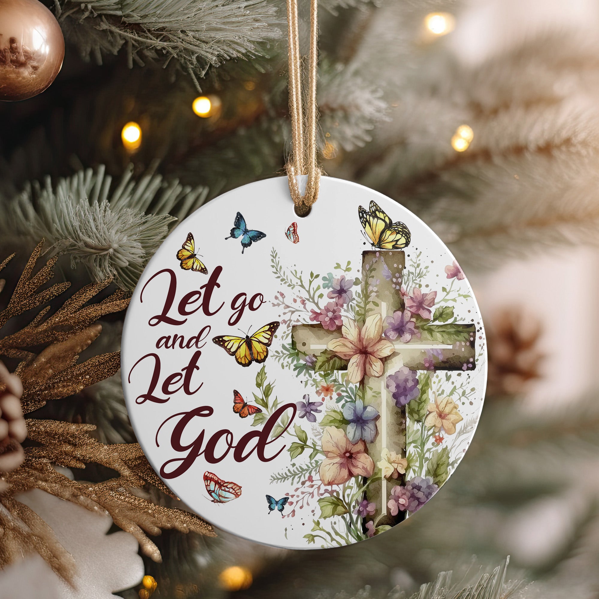 Personalized Floral Cross Ceramic Ornament – Inspirational "Let Go and Let God" with Butterflies – Perfect Gift for Spiritual Support and Home Decor - Image 4