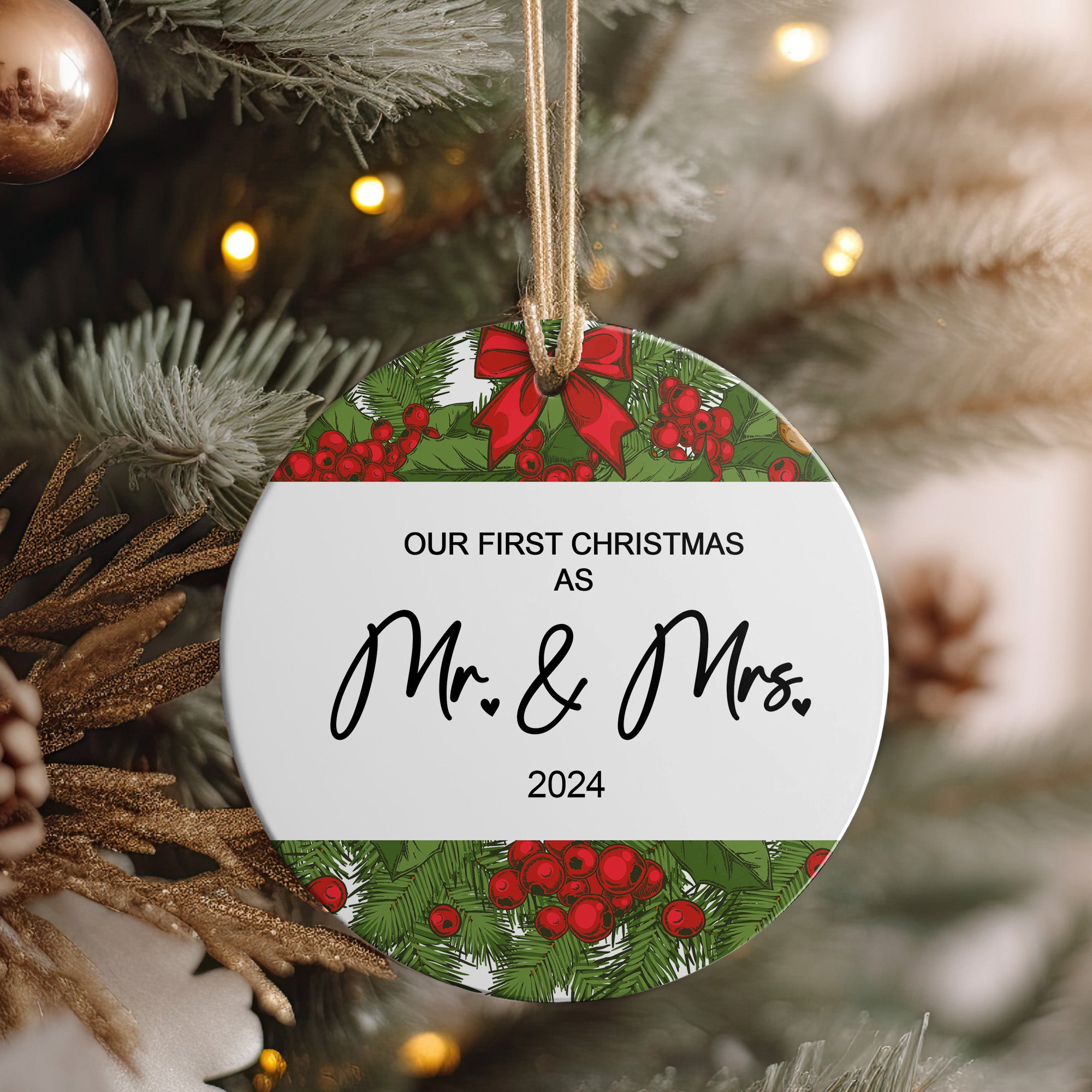 Personalized "Our First Christmas as Mr. & Mrs." 2024 Ceramic Ornament – Customizable Keepsake for Newlyweds - Image 4