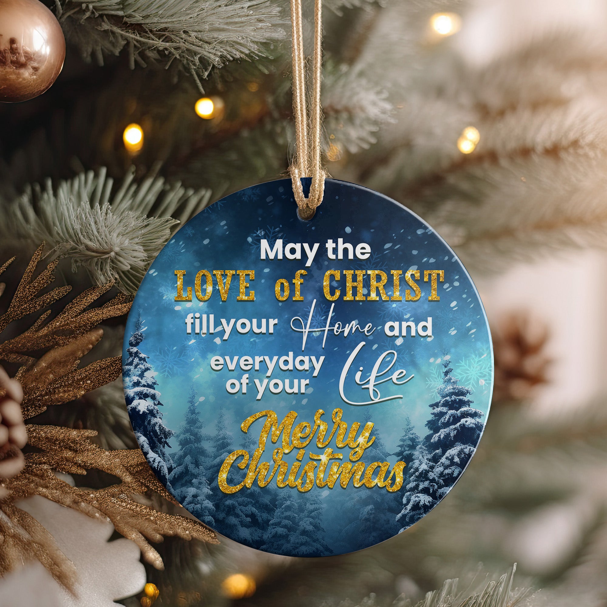 Personalized Ceramic Christmas Ornament - "Love of Christ" Design, Snowy Forest Scene, Perfect Gift for Family Celebrations - Image 4