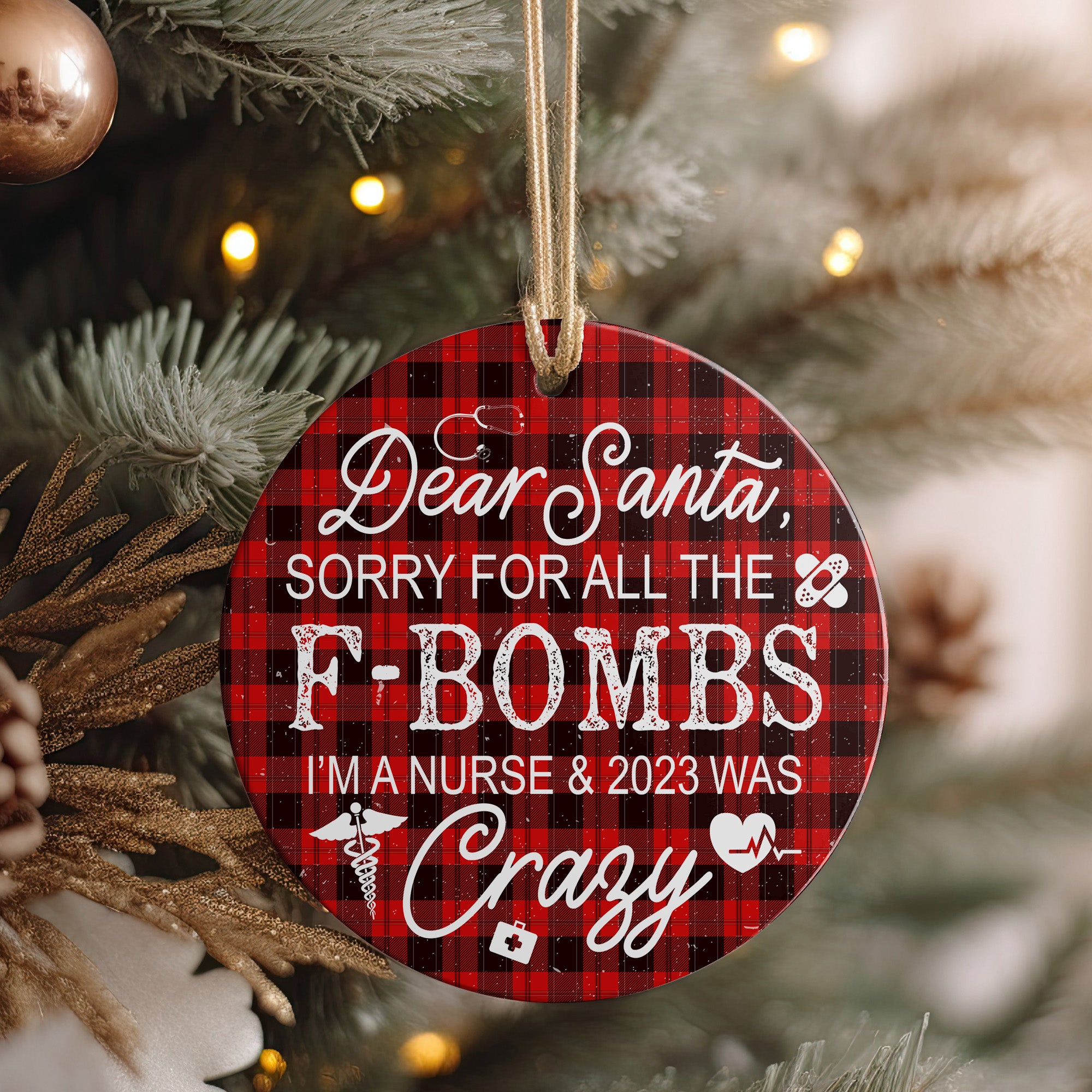 Personalized Nurse Christmas Ornament - Funny Plaid Ceramic Keepsake for Nurses - 2023 Holiday Humor Gift - Image 4