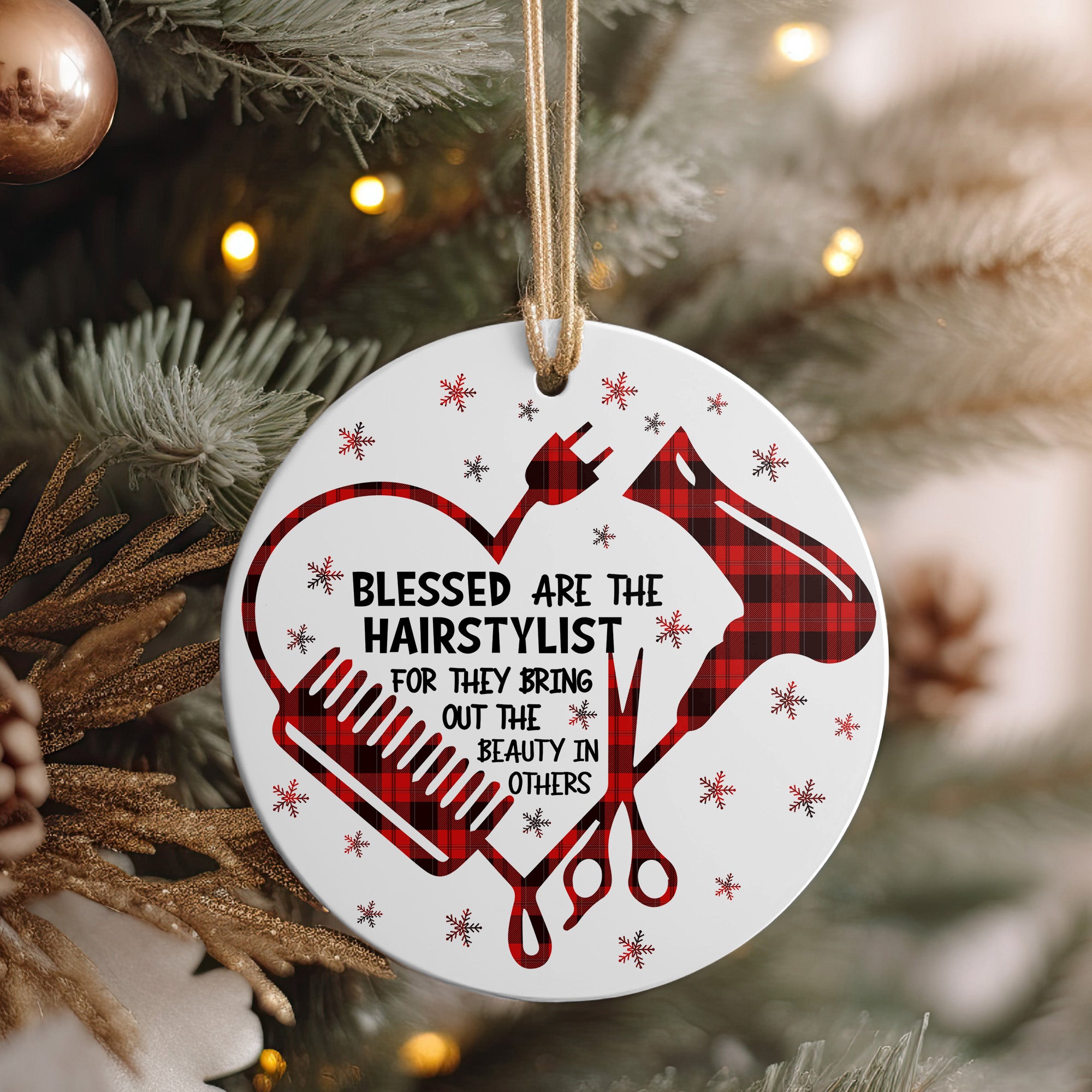 Custom Hairstylist Ceramic Ornament – Handcrafted Heart Design with Red Plaid Accents, Perfect Holiday Gift for Hair Professionals - Image 4