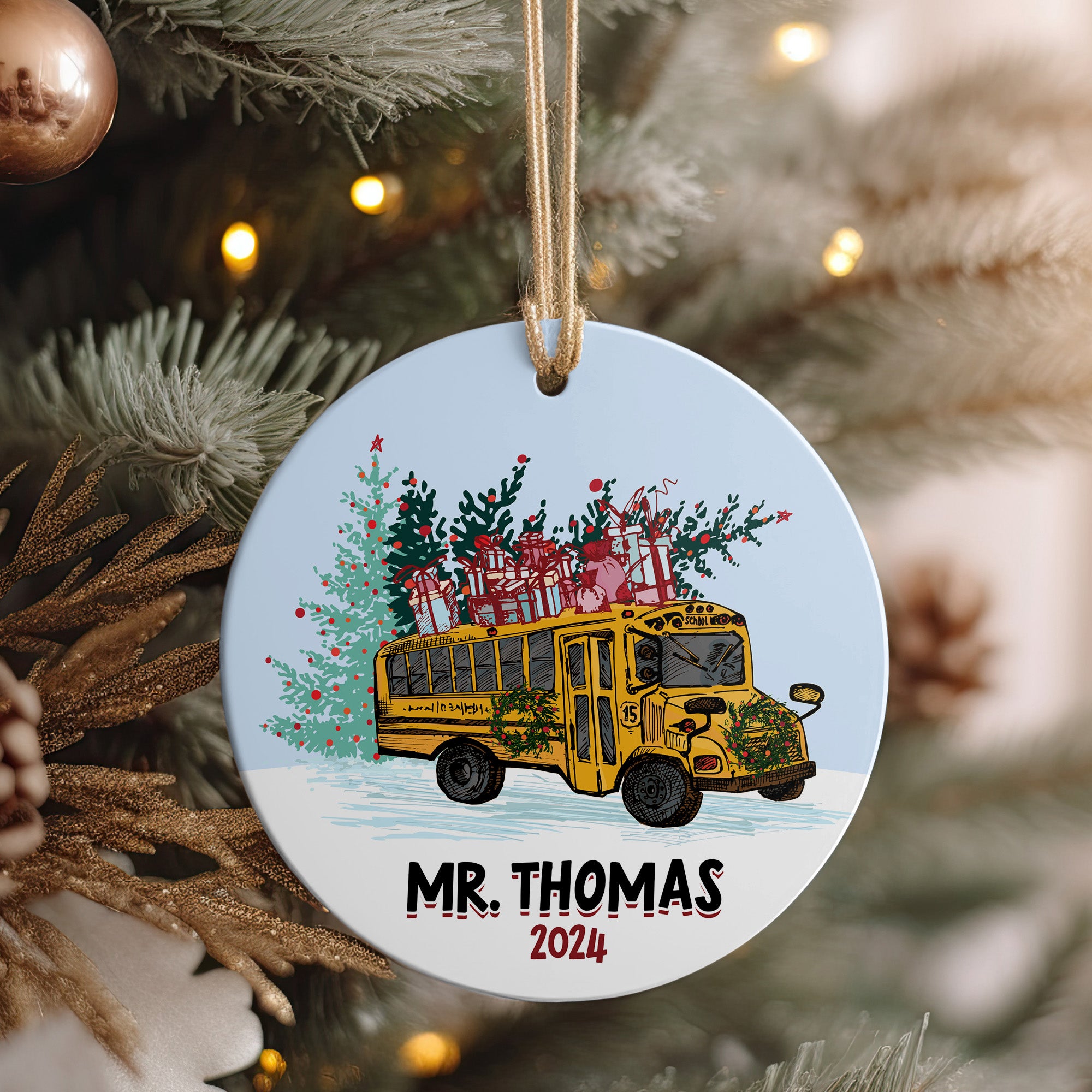 Personalized Ceramic Christmas Ornament with School Bus Design – Custom Teacher Gift 2024 – Unique Holiday Keepsake - Image 4