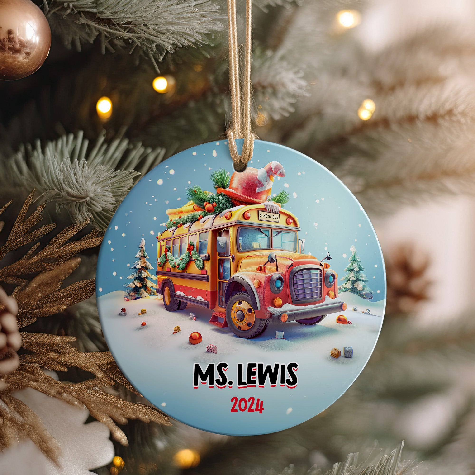 Personalized School Bus Christmas Ornament 2024 - Custom Ceramic Holiday Gift for Teachers - Image 4
