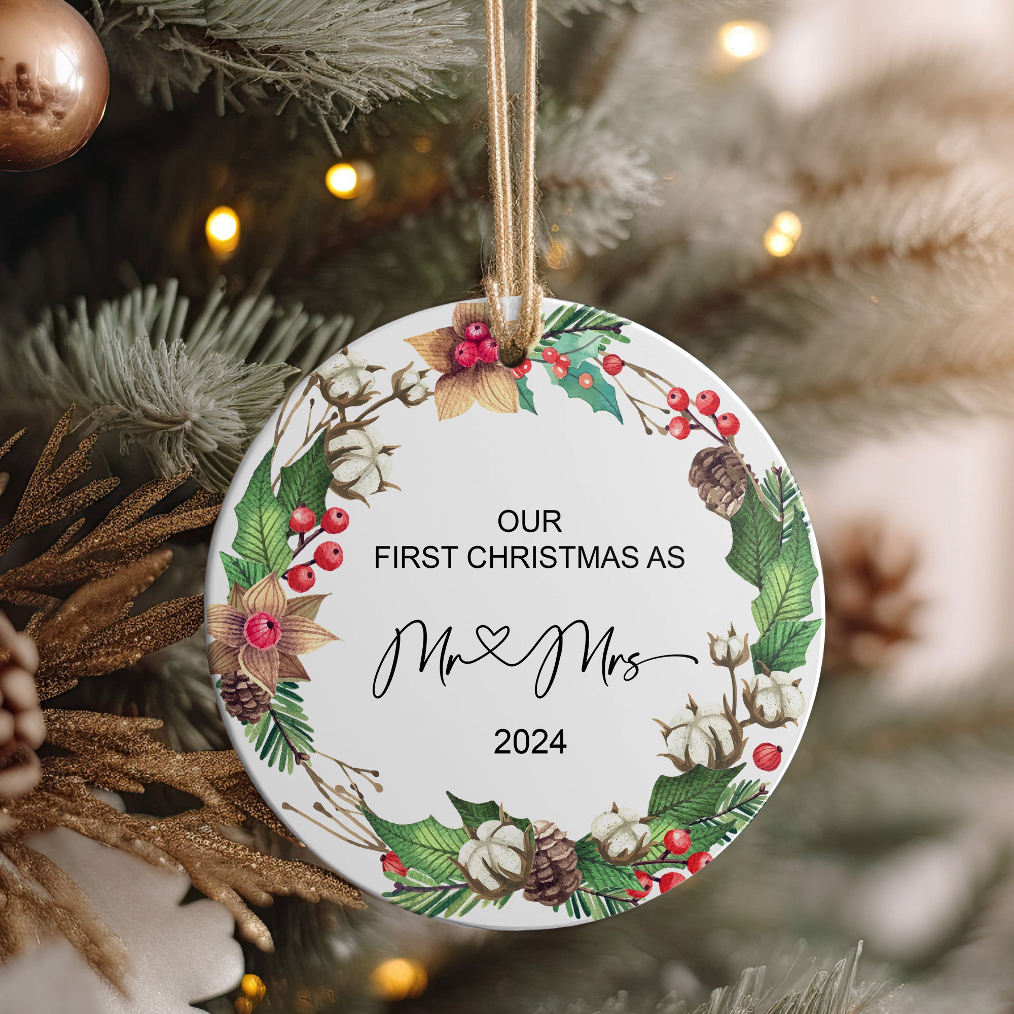 "Personalized 'Our First Christmas as Mr & Mrs' Ceramic Ornament – Custom Wedding Gift Keepsake for 2024 Holidays" - Image 4