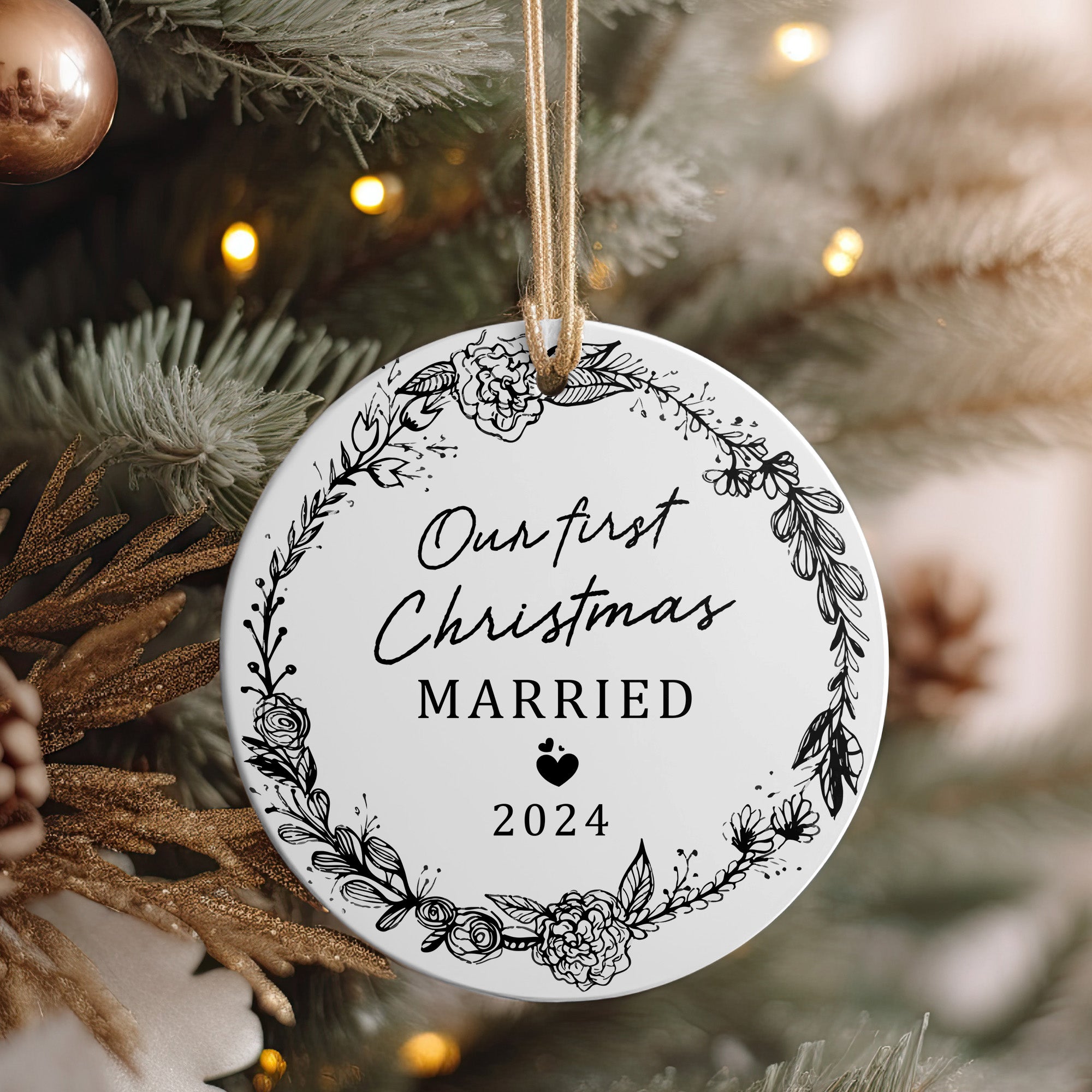 Personalized "Our First Christmas Married" 2024 Ceramic Ornament – Elegant Floral Design for Newlyweds - Image 4