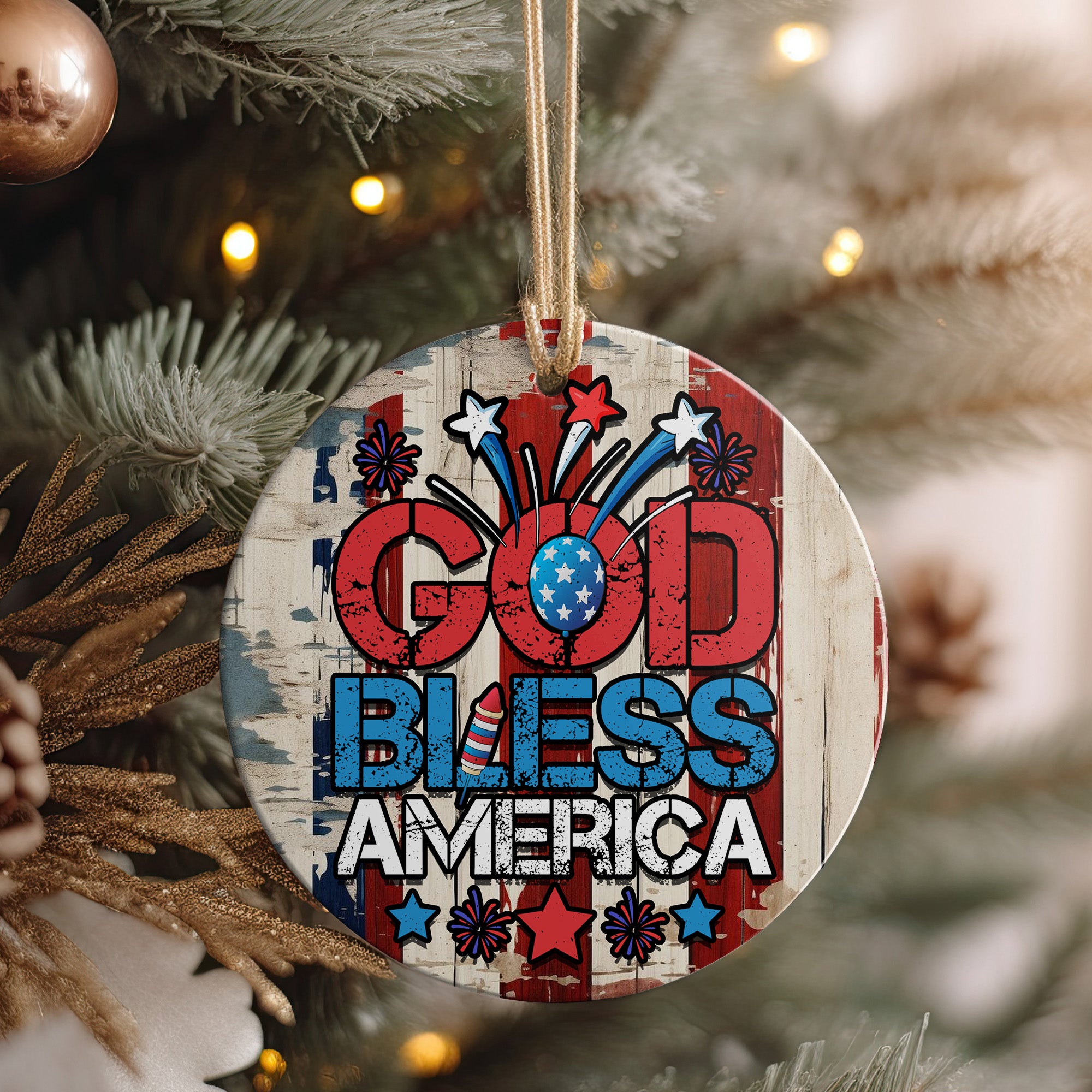 Personalized "God Bless America" Ceramic Ornament – Rustic Patriotic Decor with Custom Text for Holidays and Celebrations - Image 4