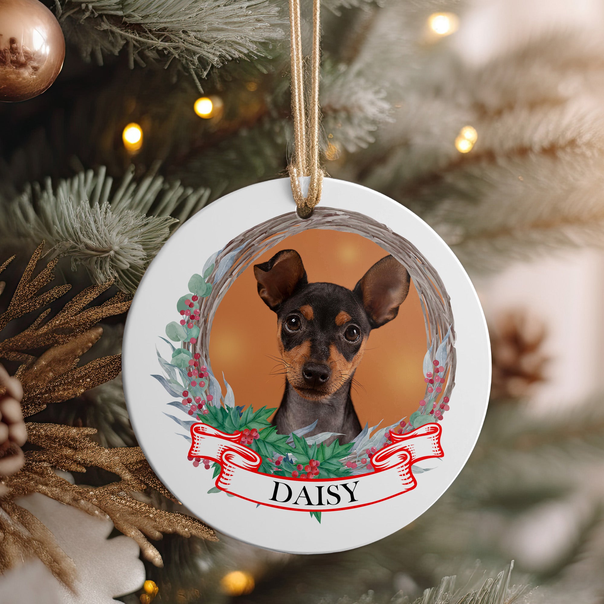 Personalized Ceramic Dog Photo Ornament with Festive Wreath Design – Perfect Pet Lover's Gift - Image 4