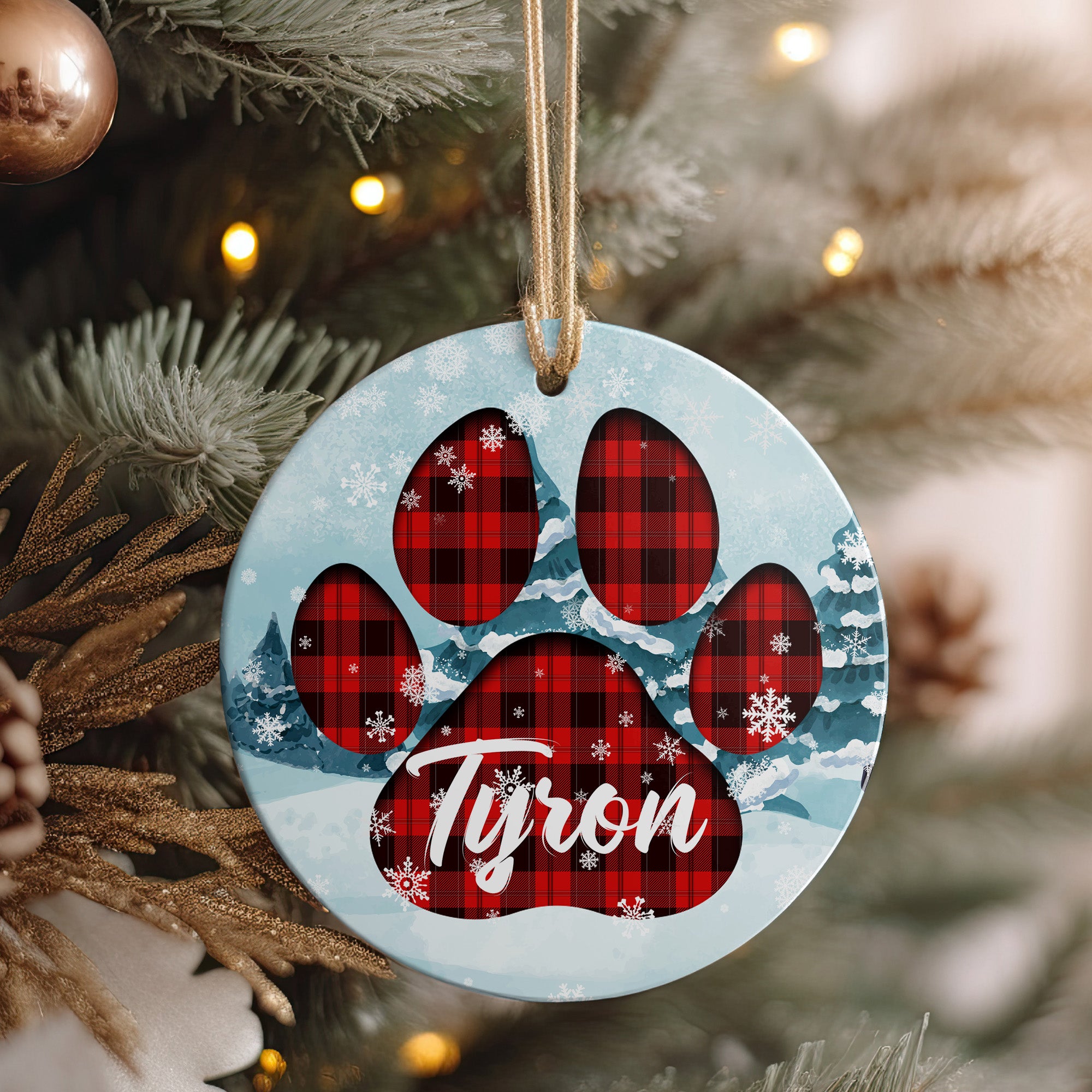 Personalized Paw Print Plaid Ceramic Ornament – Custom Pet Name, Holiday Decor Gift for Dog Lovers - Image 4