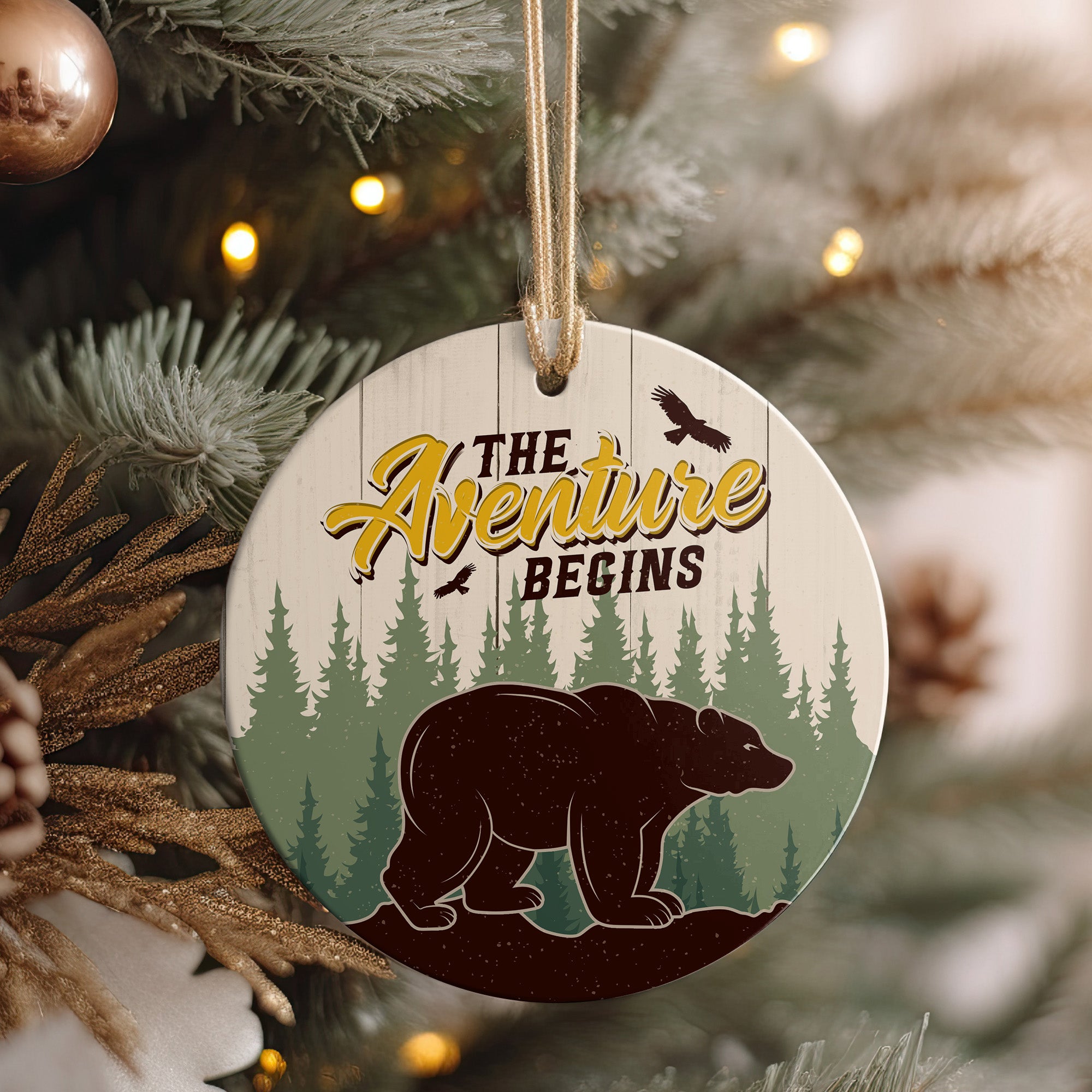 Personalized "The Adventure Begins" Ceramic Ornament - Forest Bear Design for Adventurous Spirits - Image 4