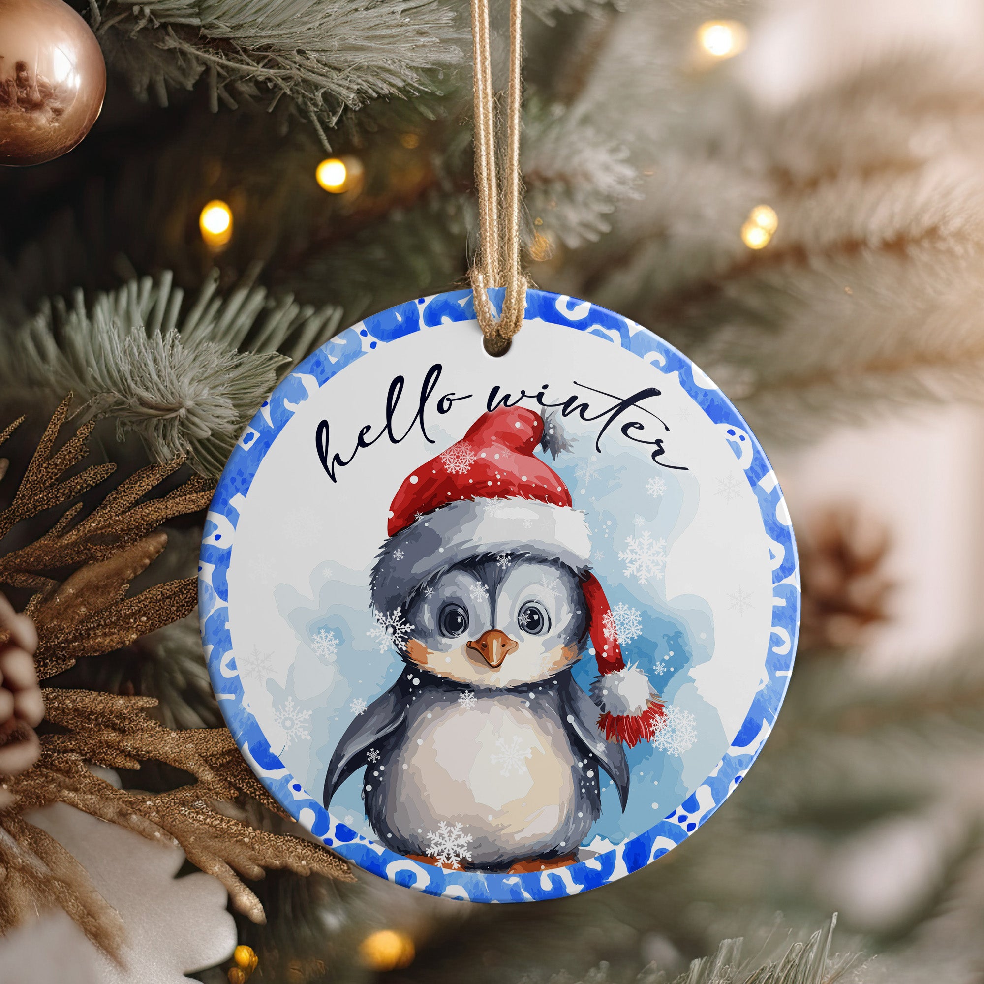 Personalized Winter Penguin Ceramic Ornament – Handcrafted Holiday Keepsake with Customizable Santa Hat and Snowflakes Design - Image 4