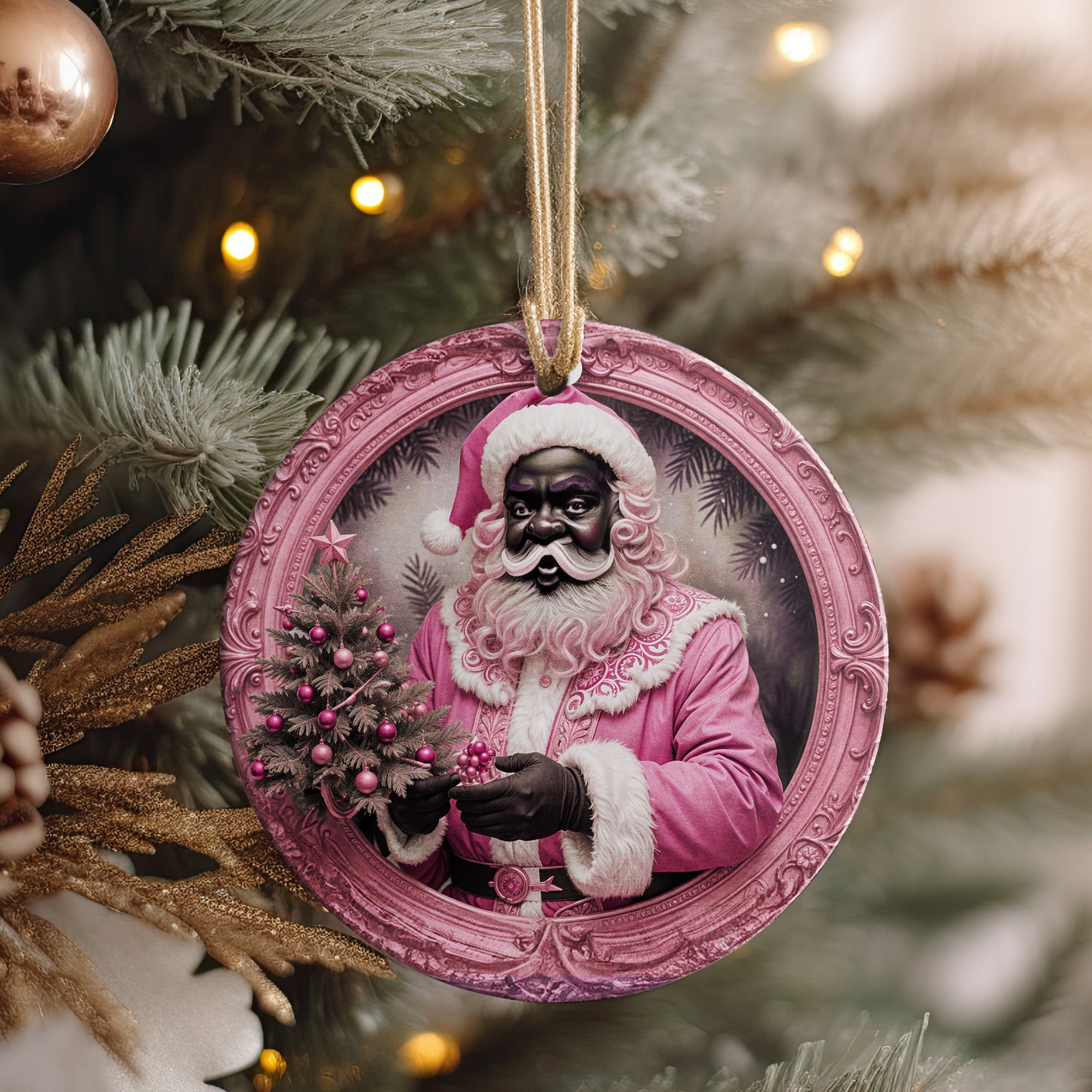 Personalized Handcrafted Black Santa Ceramic Ornament in Pink - Unique Christmas Decor & Perfect Gift - Image 4