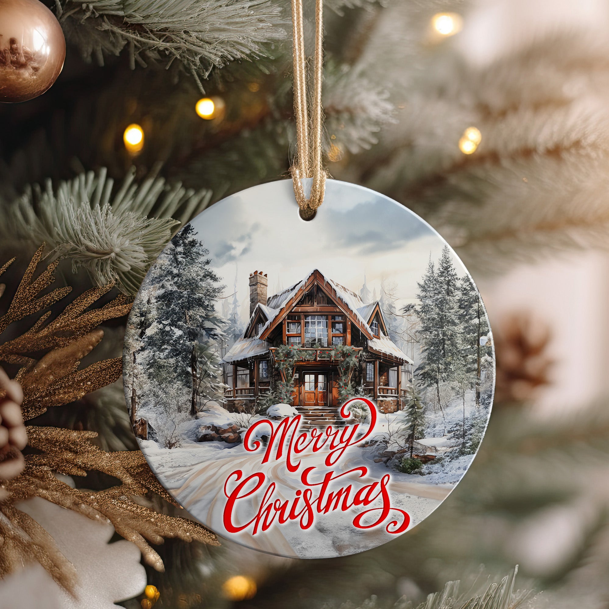 Personalized Merry Christmas Ceramic Ornament – Rustic Cabin Design with Snowy Forest for Perfect Holiday Decor and Heartfelt Gifts - Image 4