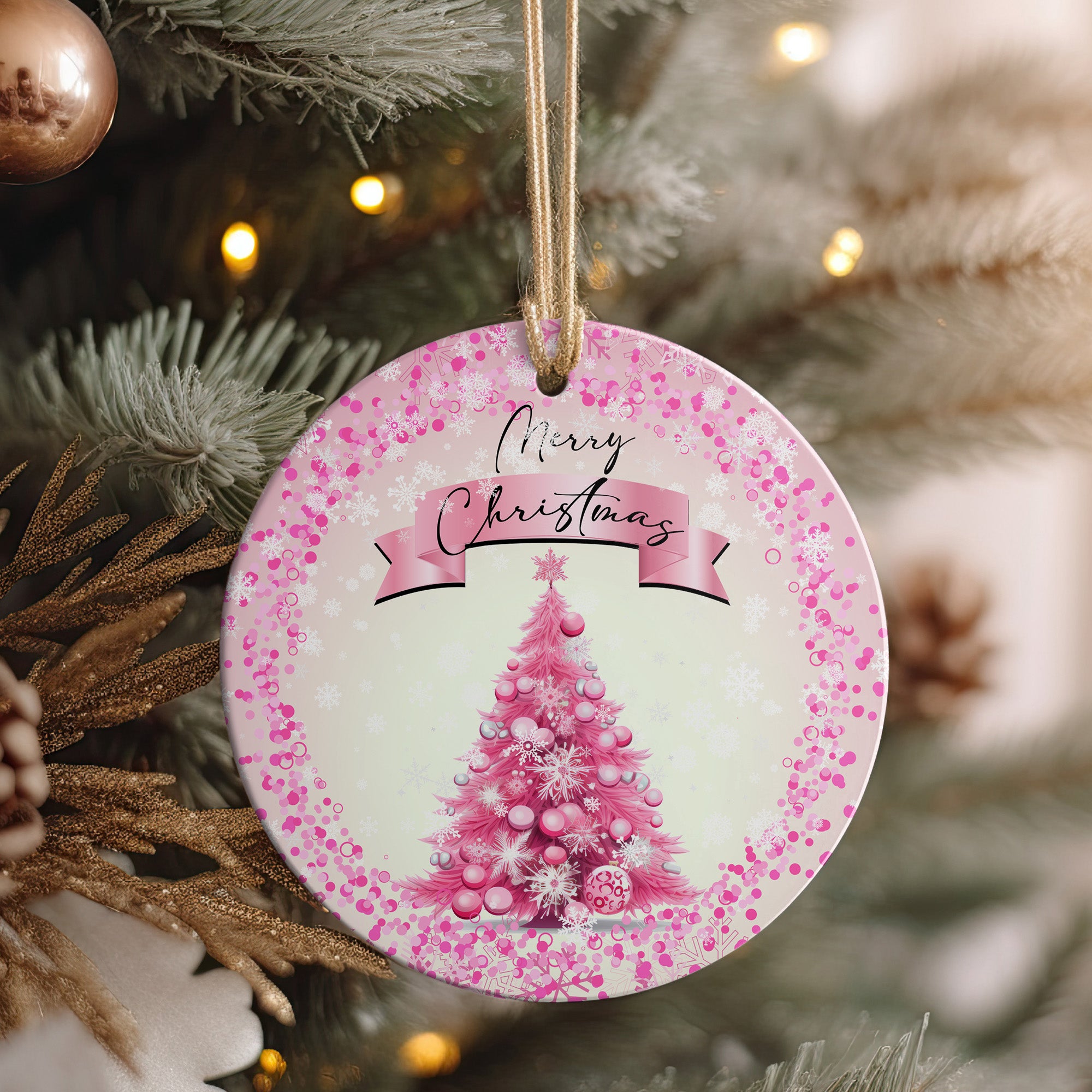 Personalized Pink Christmas Tree Ceramic Ornament - Custom Holiday Decoration with Festive Design, Perfect Gift for Her - Image 4