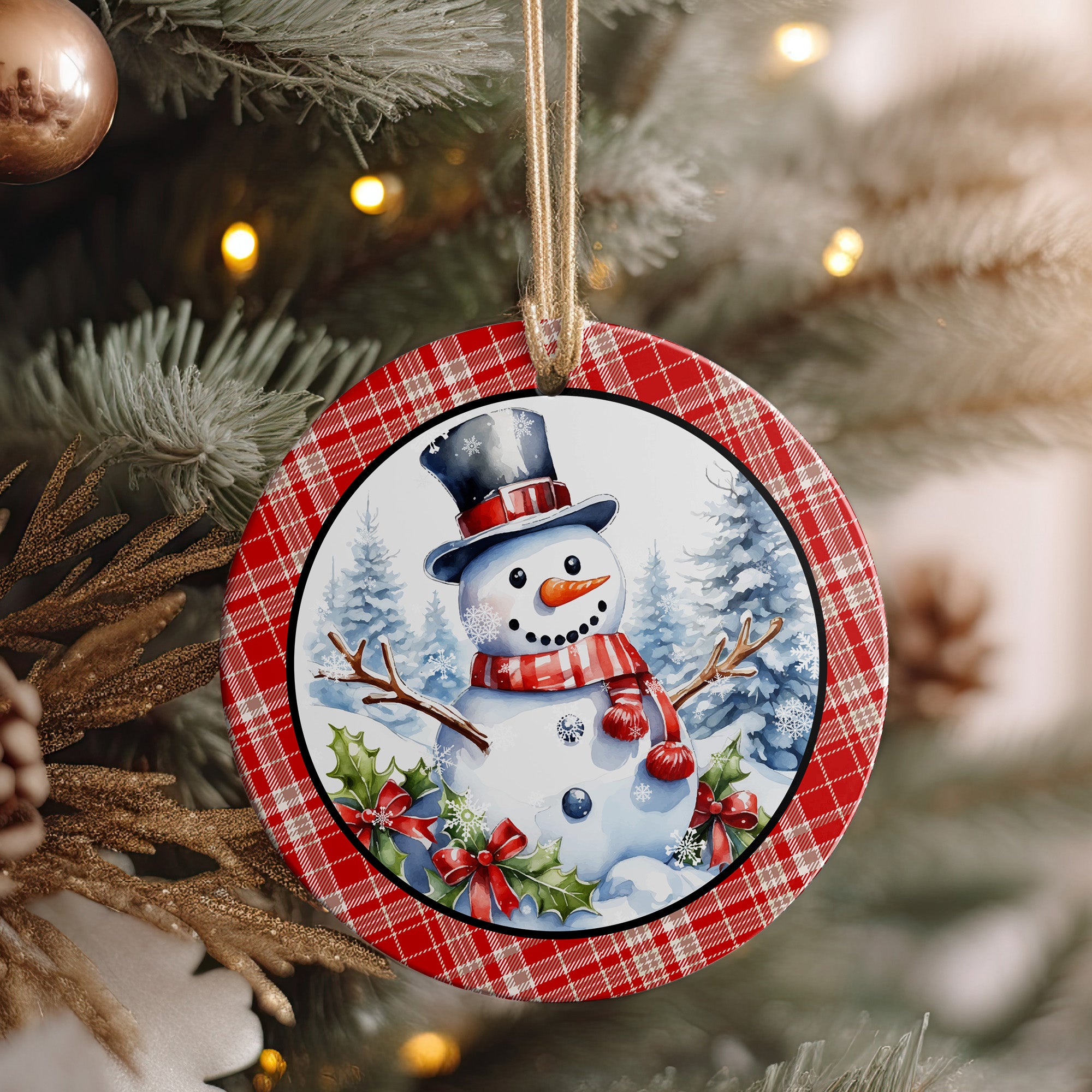 Personalized Snowman Ceramic Ornament - Customizable Holiday Keepsake with Festive Plaid Design - Image 4
