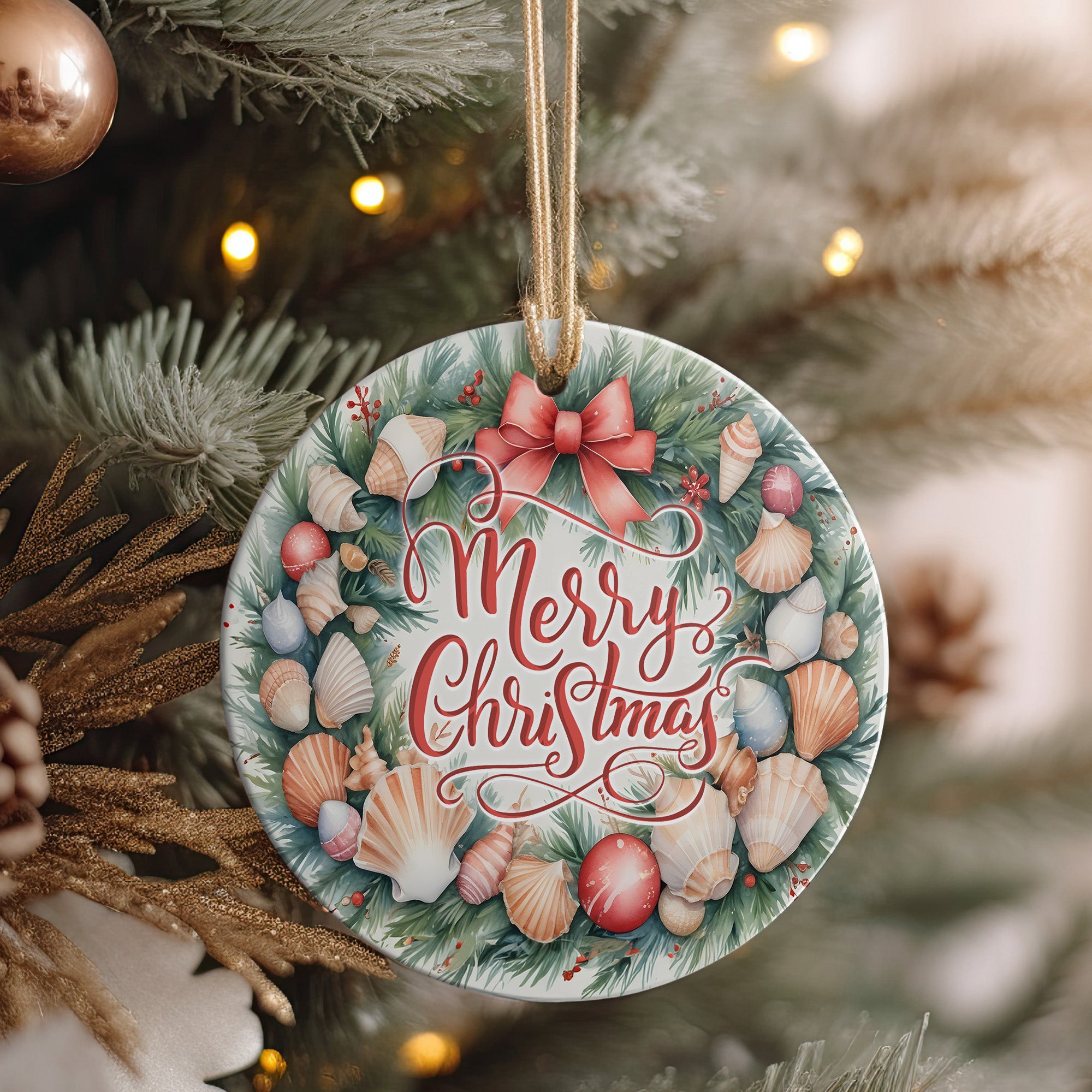 Personalized Merry Christmas Ceramic Ornament – Ocean Inspired Seashell Wreath with Festive Holiday Greeting - Image 4
