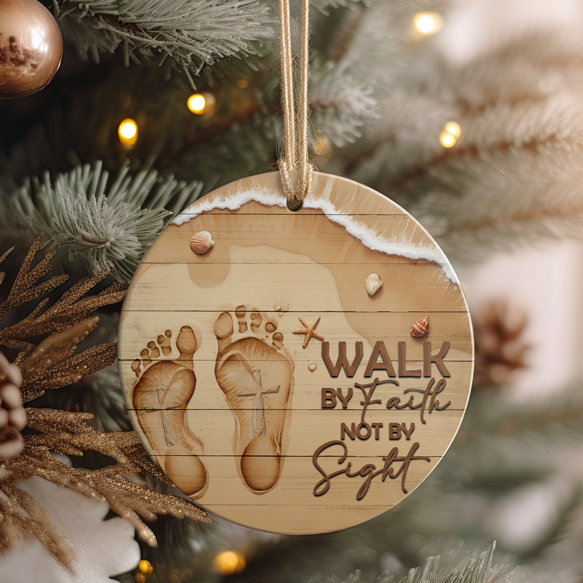 Personalized Footprints in the Sand Ceramic Ornament - "Walk by Faith" Beach Design - Perfect Inspirational Gift - Image 4