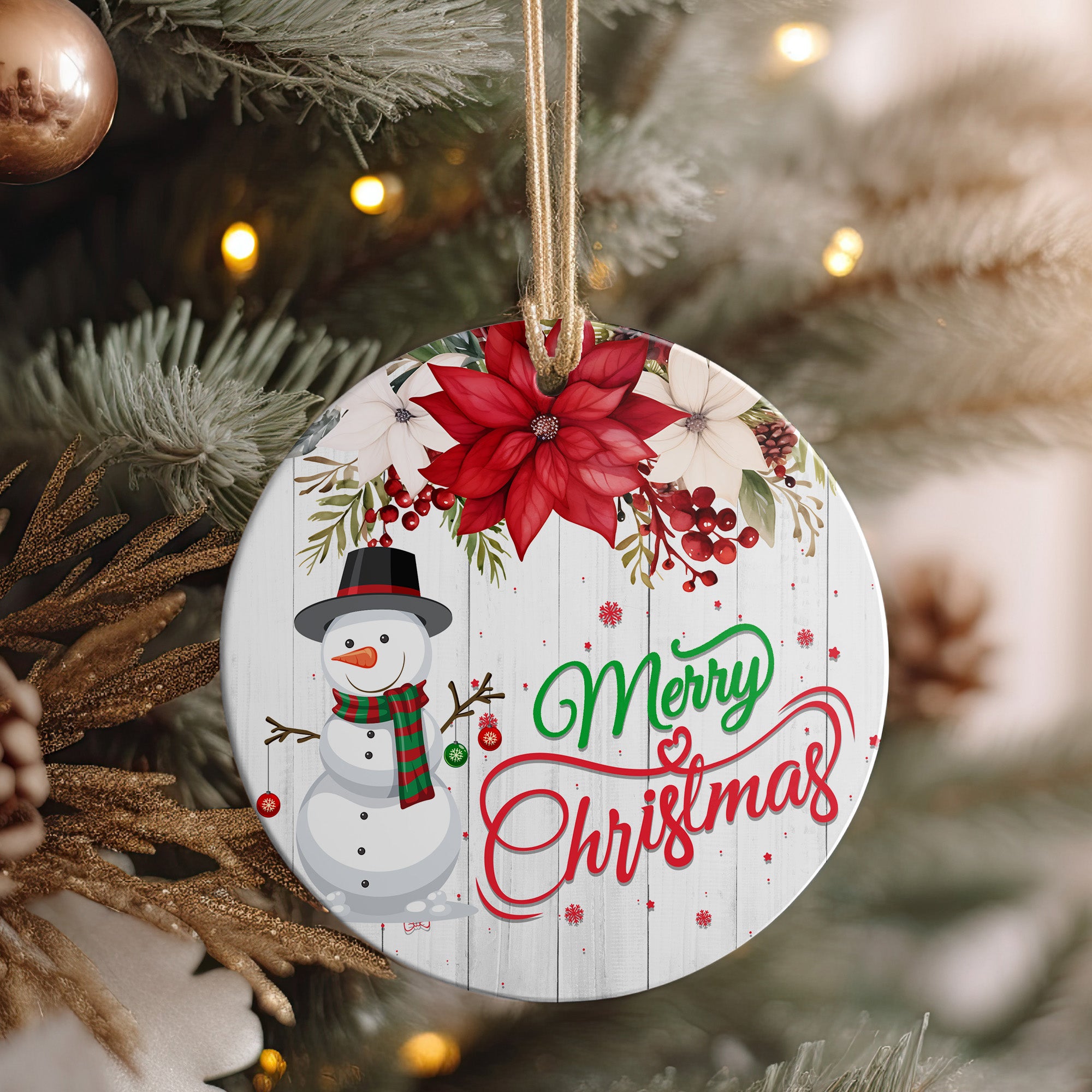 Personalized Merry Christmas Ceramic Ornament with Snowman and Poinsettia - Custom Holiday Decoration - Image 4
