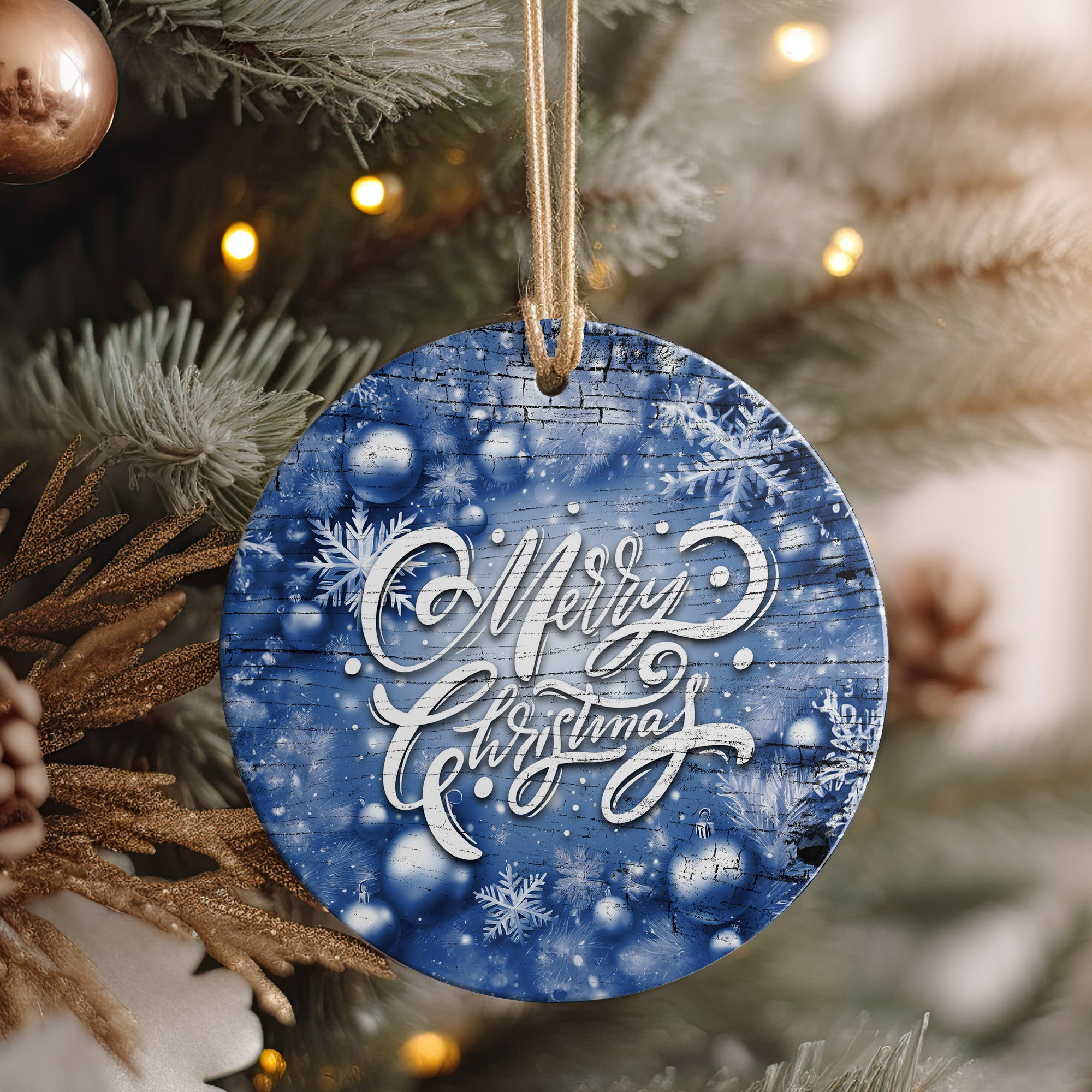 Personalized Blue Rustic Christmas Ornament - Handcrafted Ceramic with Elegant Script & Snowflake Design for Special Holiday Memories - Image 4
