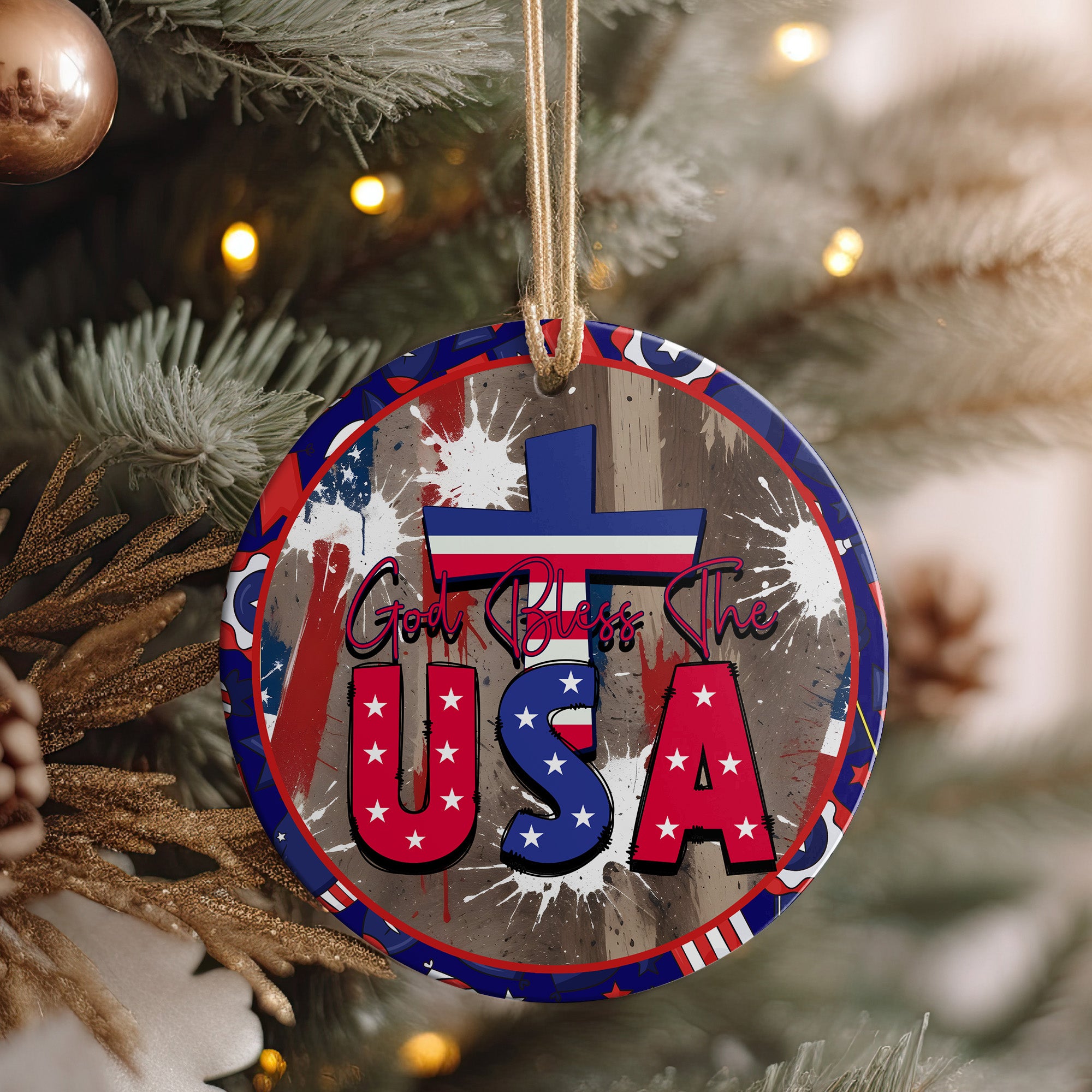 Personalized "God Bless The USA" Ceramic Ornament – Patriotic Home Decor with Cross Design, Perfect for Unique Holiday Gifting - Image 4