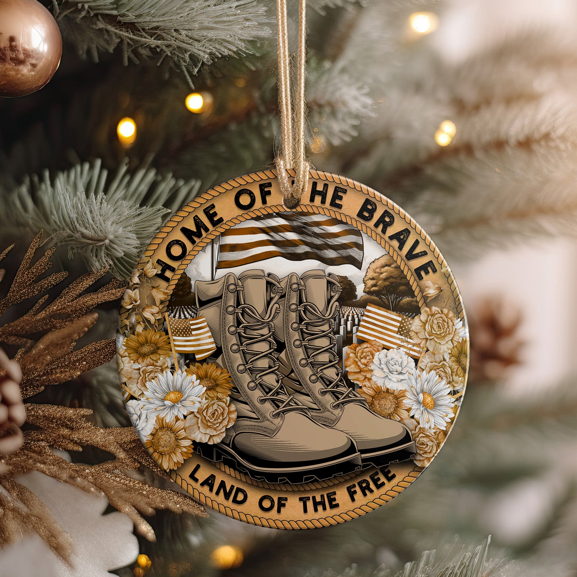 Personalized Ceramic Ornament - "Home of the Brave" Tribute with Military Boots and Floral Design - Image 4