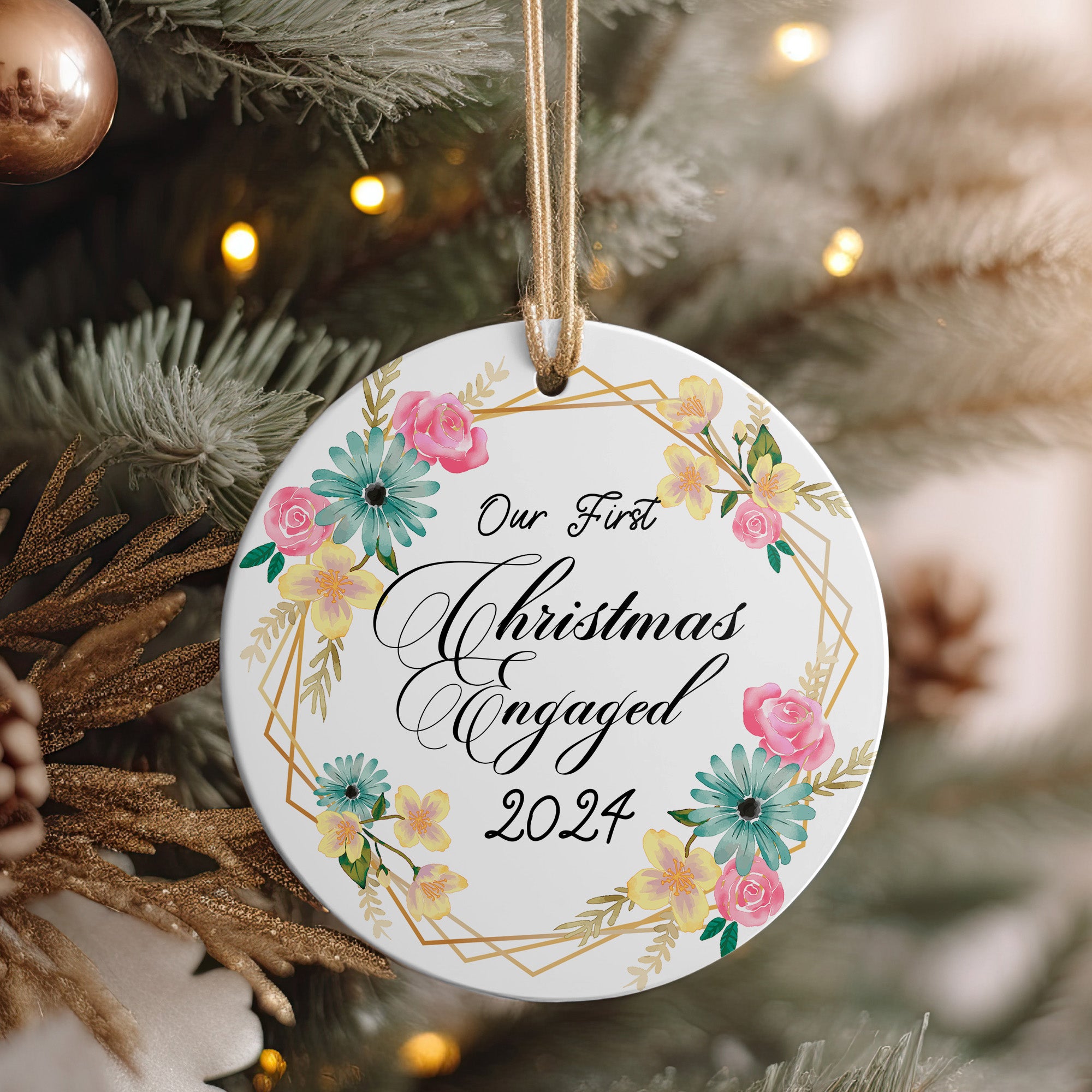 Personalized "Our First Christmas Engaged 2024" Ceramic Ornament - Handmade Floral Decor Keepsake - Image 4