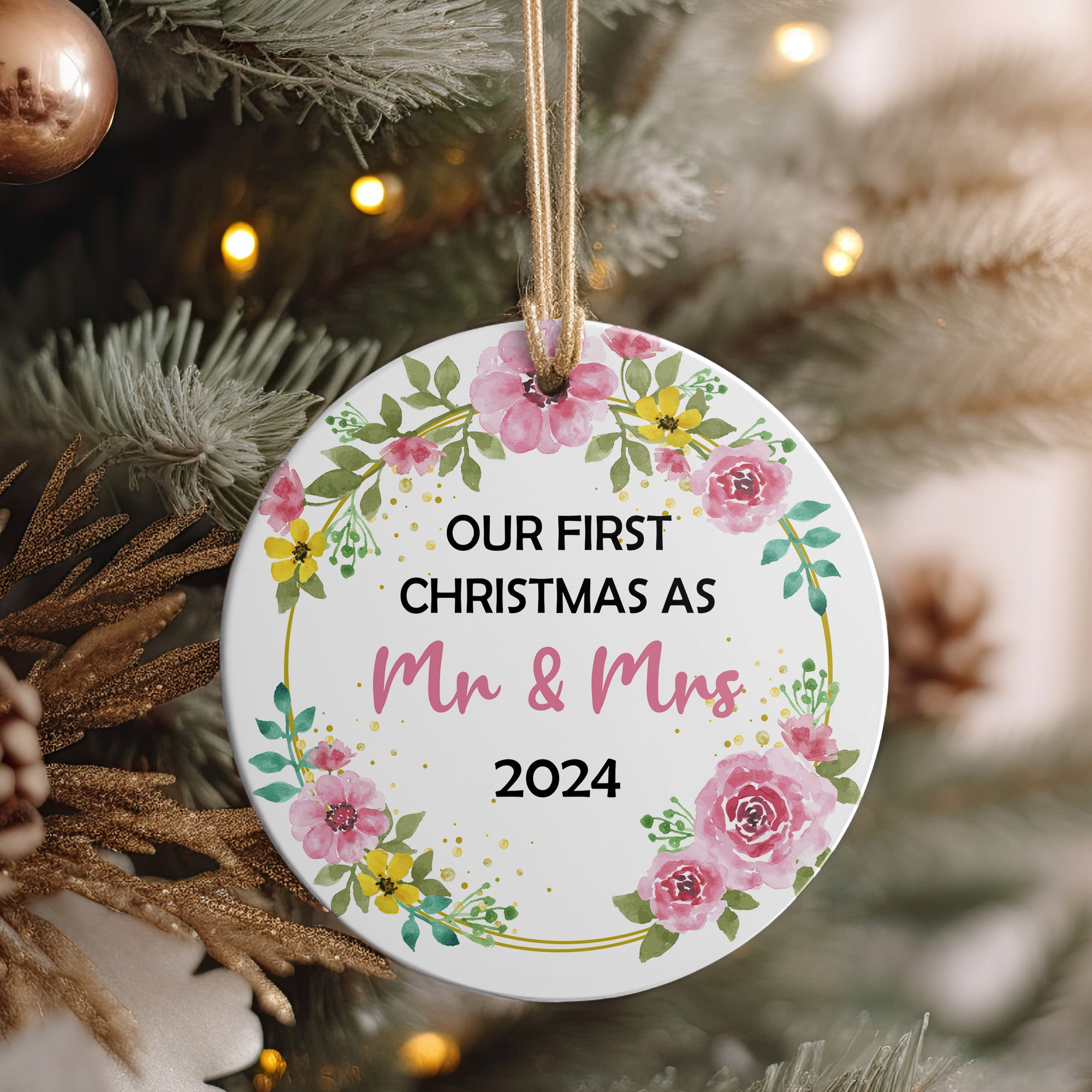 Personalized "Our First Christmas as Mr & Mrs" 2024 Ceramic Ornament - Handcrafted Floral Keepsake - Image 4