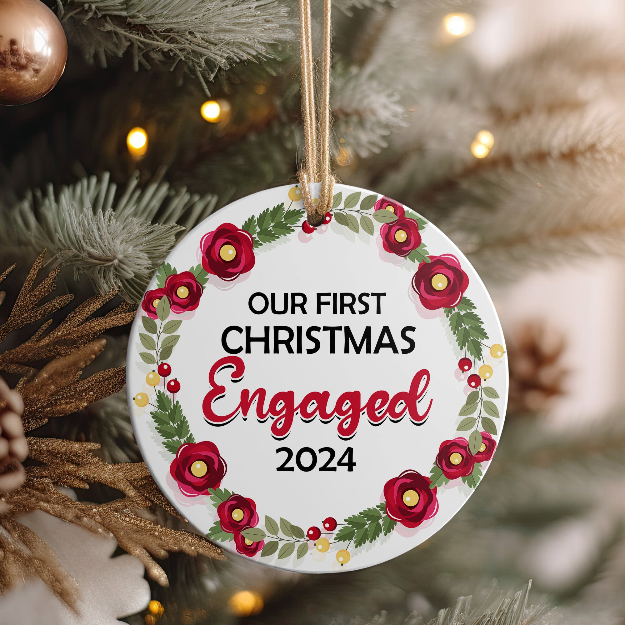 Personalized "Our First Christmas Engaged" Floral Ornament 2024 - Handcrafted Ceramic Keepsake for Couples - Image 4