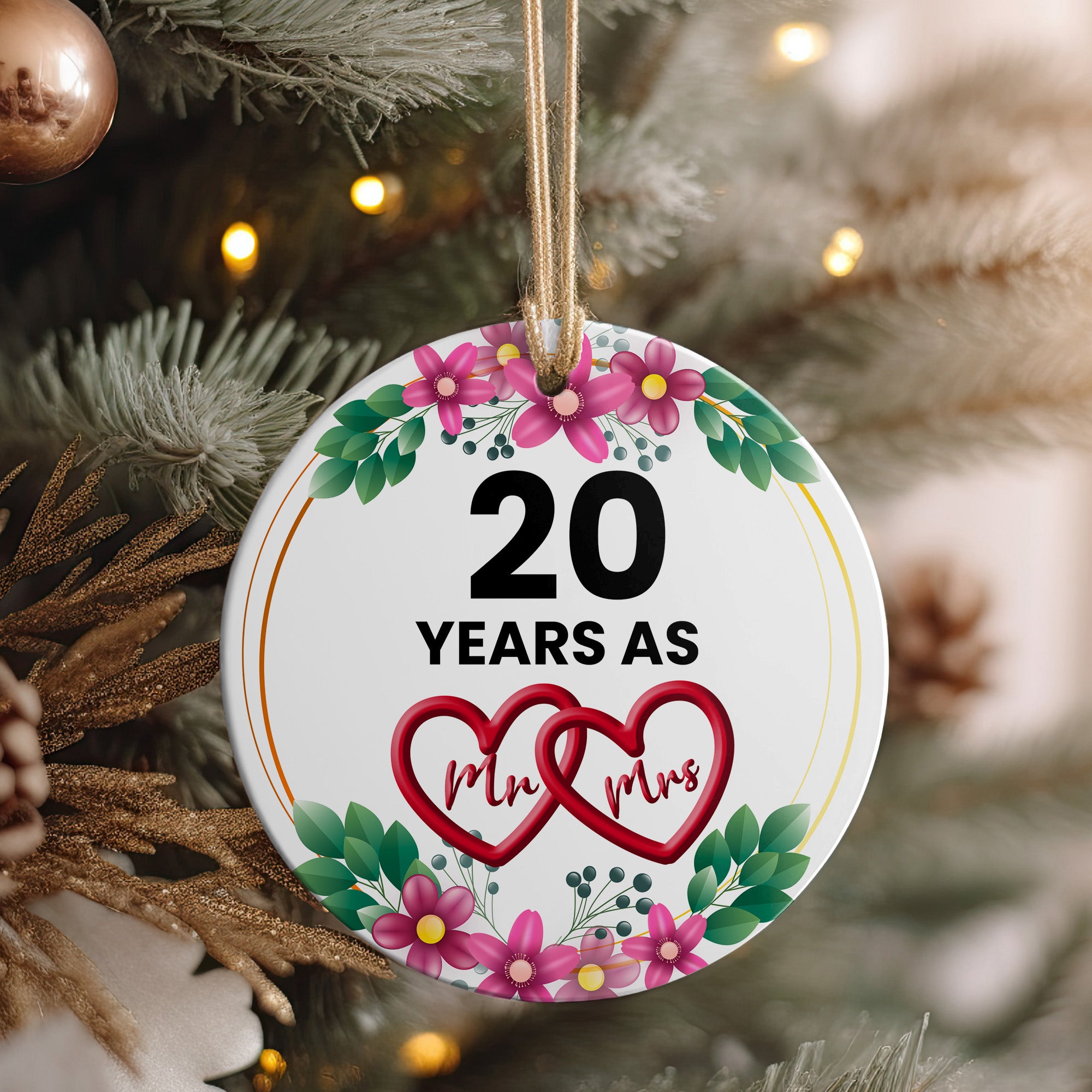 Celebrate 20 Years of Love with Our Personalized Floral Heart Mr & Mrs Ceramic Ornament – Perfect Anniversary Gift - Image 4