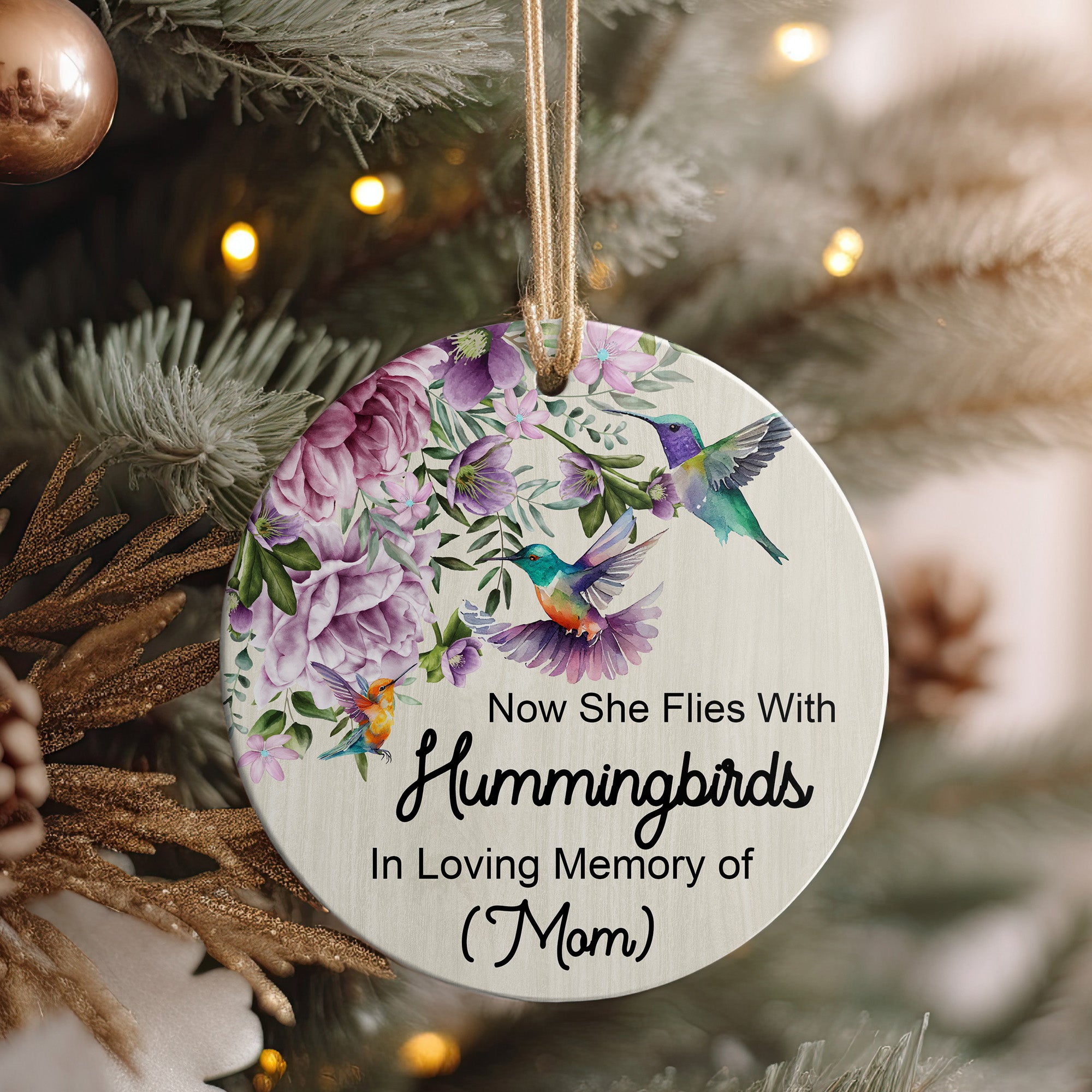 Personalized Memorial Ceramic Ornament with Hummingbirds and Florals - Tribute to Mom, Customizable Gift for Mother's Memory - Image 4