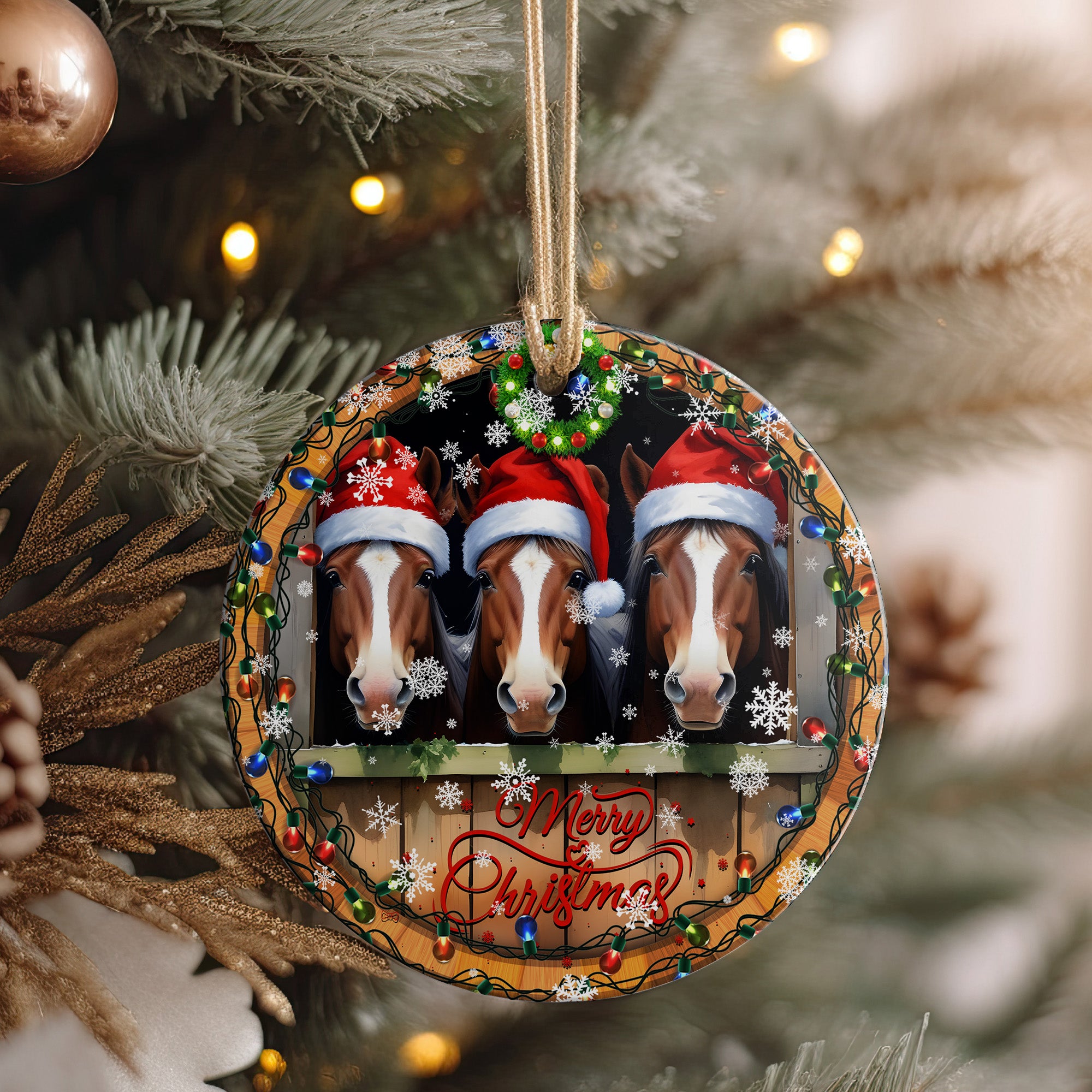 Personalized Merry Christmas Horse Ornament – Custom Handcrafted Ceramic Holiday Decoration with Santa Hats, Perfect Gift for Horse Lovers - Image 4