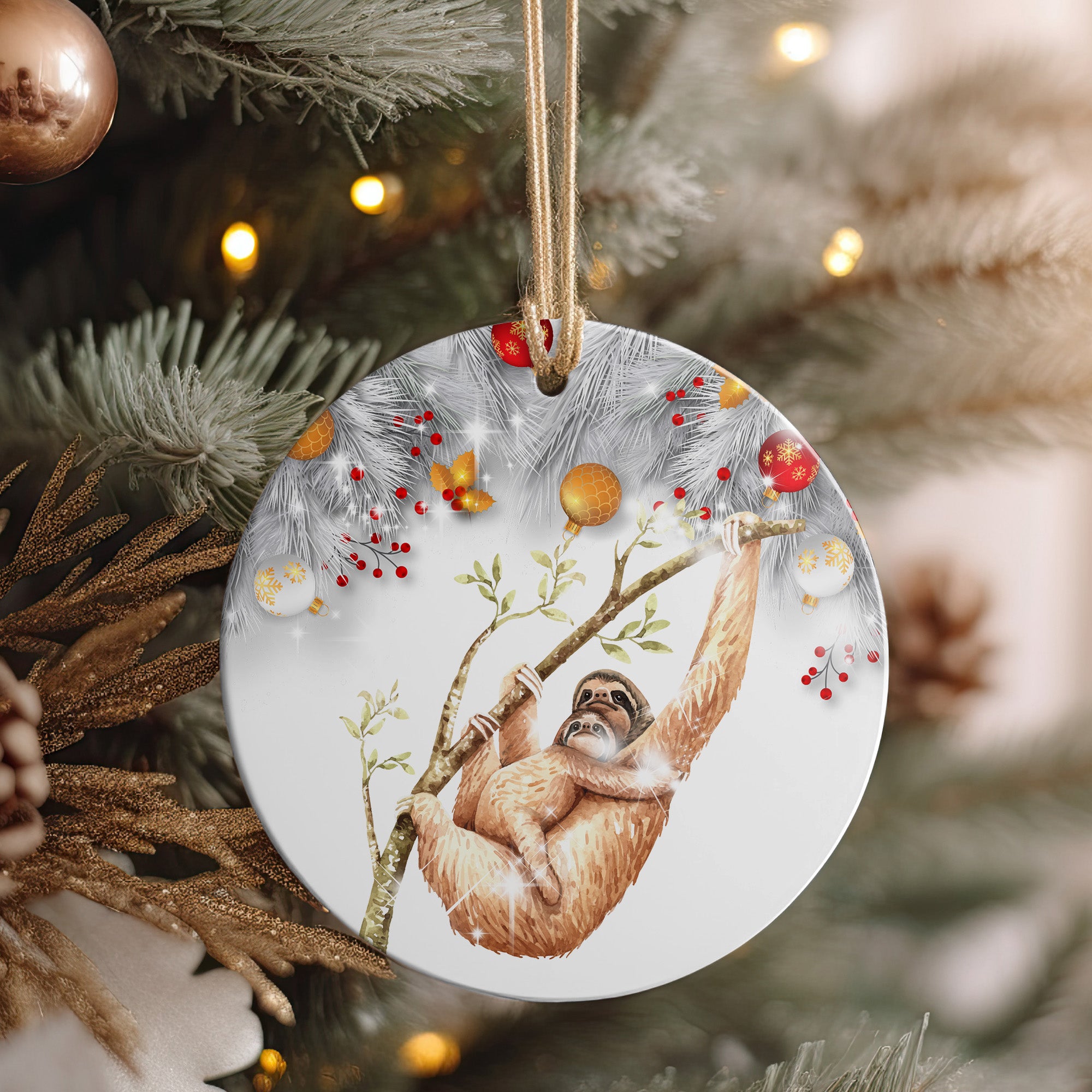 Personalized Sloth Christmas Ornament – Handcrafted Ceramic Keepsake with Beautiful Festive Detailing - Image 4