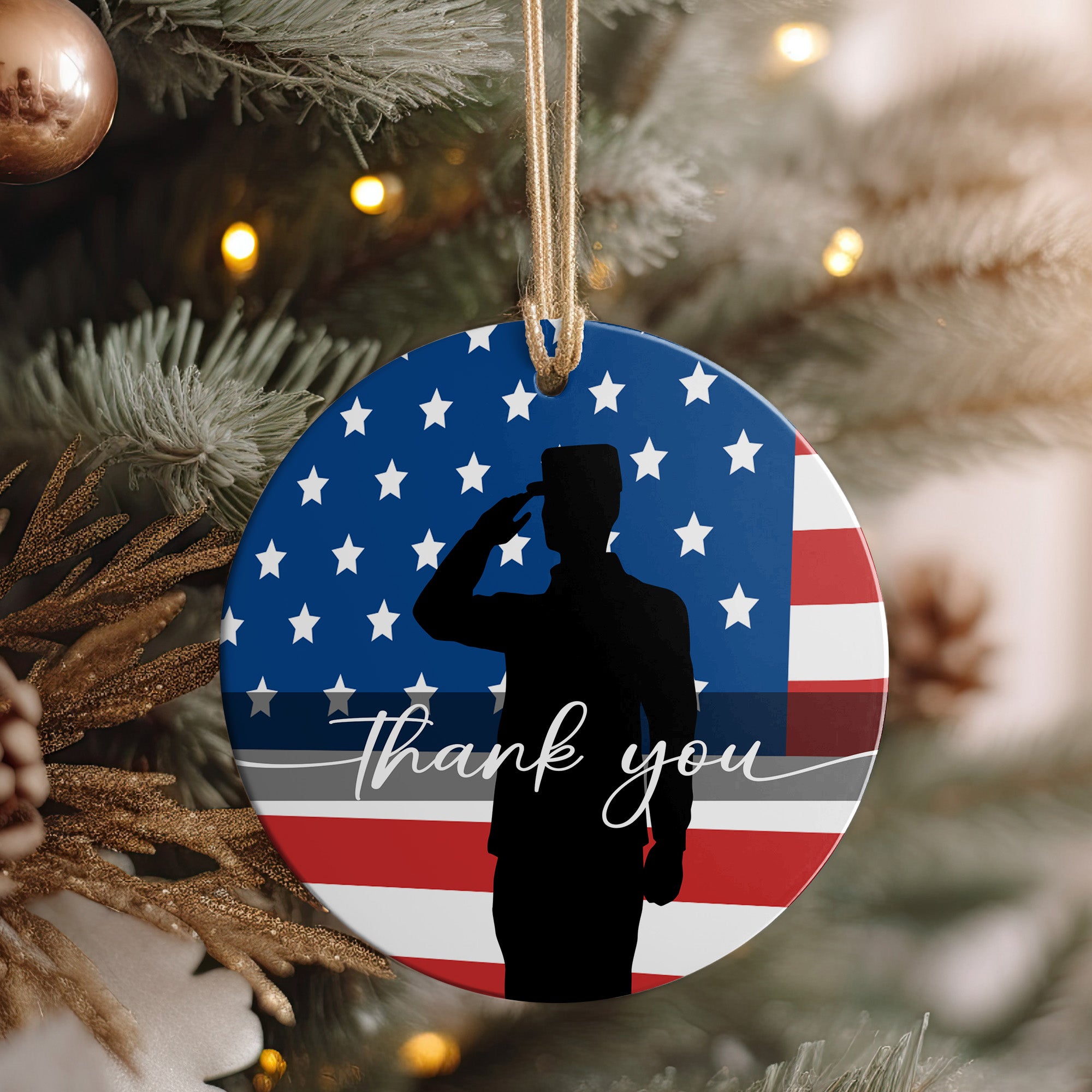Personalized Patriotic Ceramic Ornament - Handmade USA Flag Design with Soldier Silhouette and Thank You Message - Perfect Veterans Day Gift - Image 4