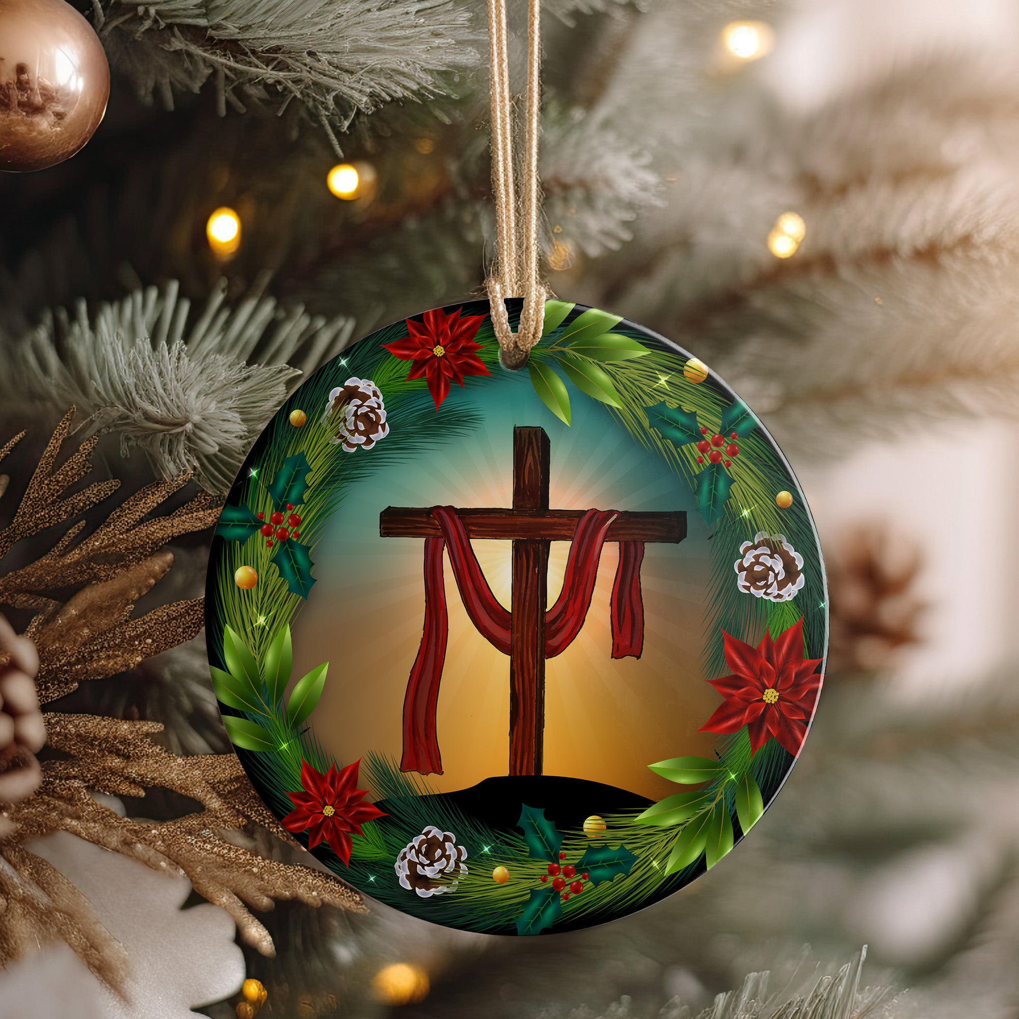 Personalized Radiant Cross Ceramic Ornament with Seasonal Wreath Design – Perfect Custom Gift for Faithful Celebrations - Image 4