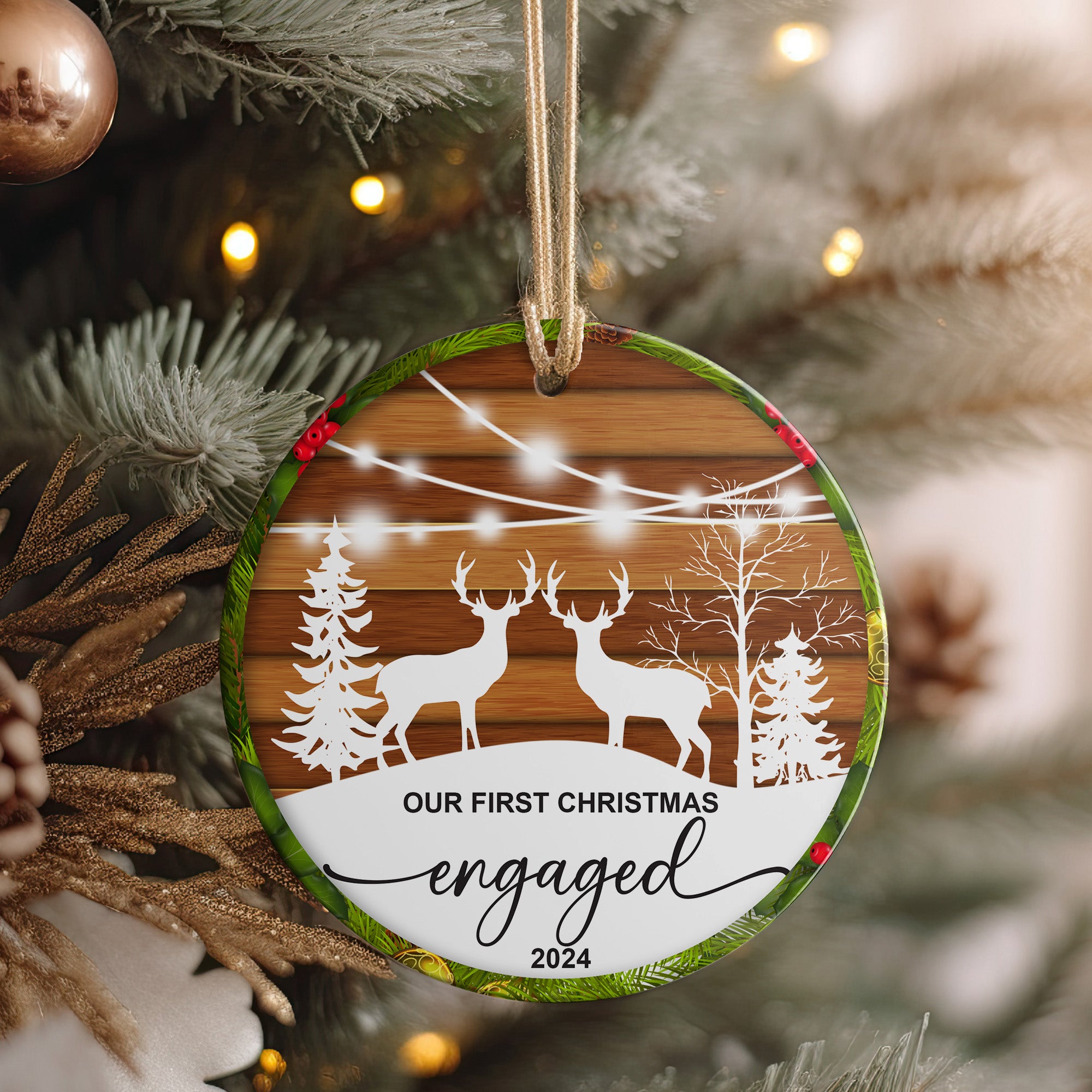 Personalized "Our First Christmas Engaged" Ceramic Ornament 2024 - Customizable Gift for Couples - Image 4