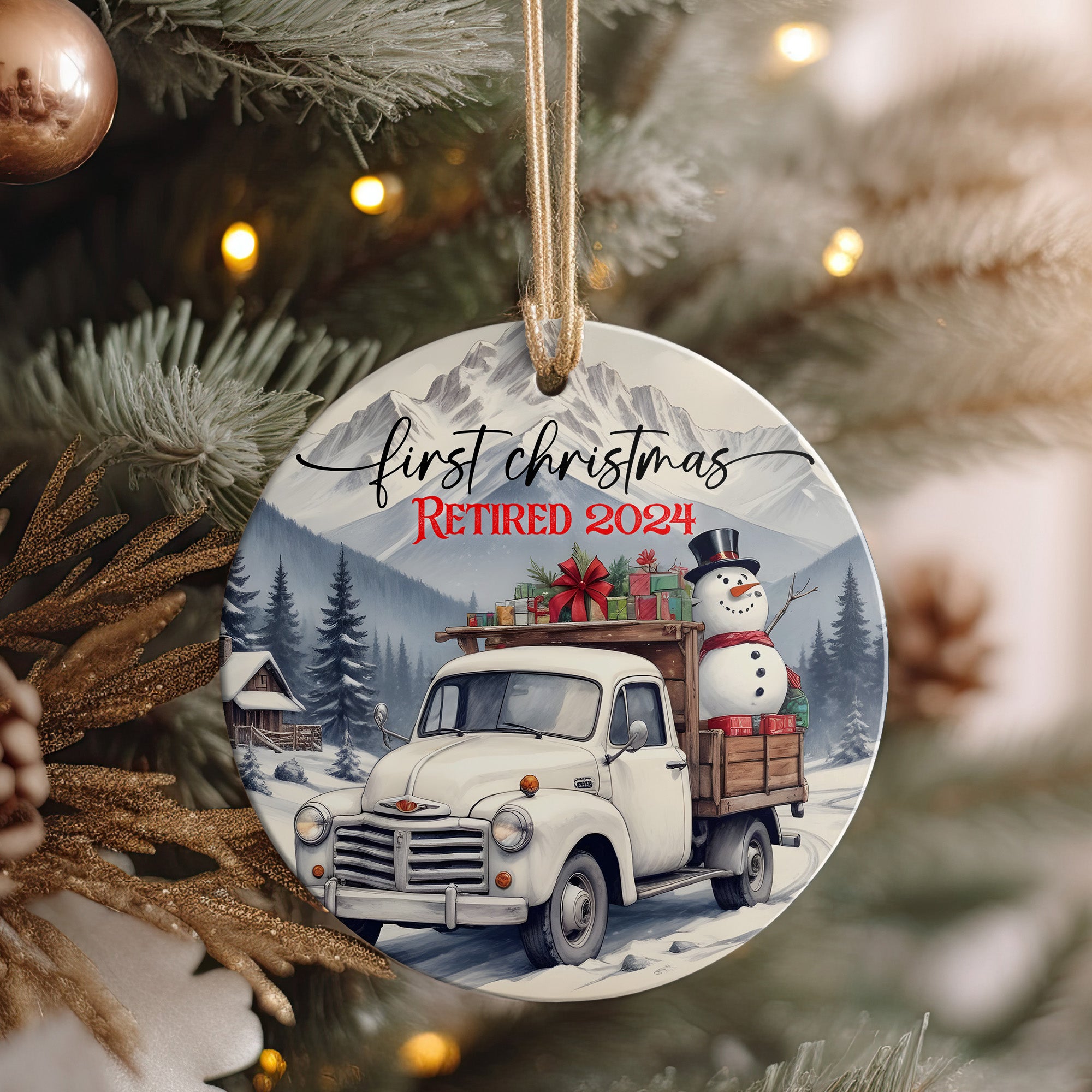 Personalized First Christmas 2024 Retirement Ceramic Ornament – Handcrafted Keepsake with Vintage Truck and Snowman Design - Image 4