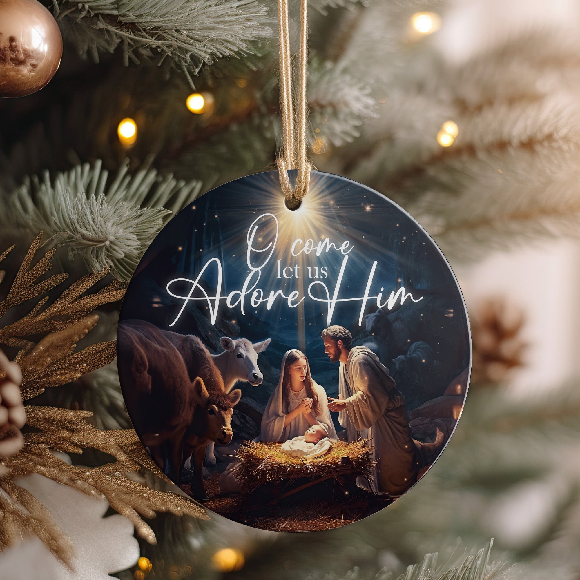 Personalized Nativity Scene Ceramic Ornament – Handmade Keepsake with Inspirational "O Come Let Us Adore Him" Design - Image 4