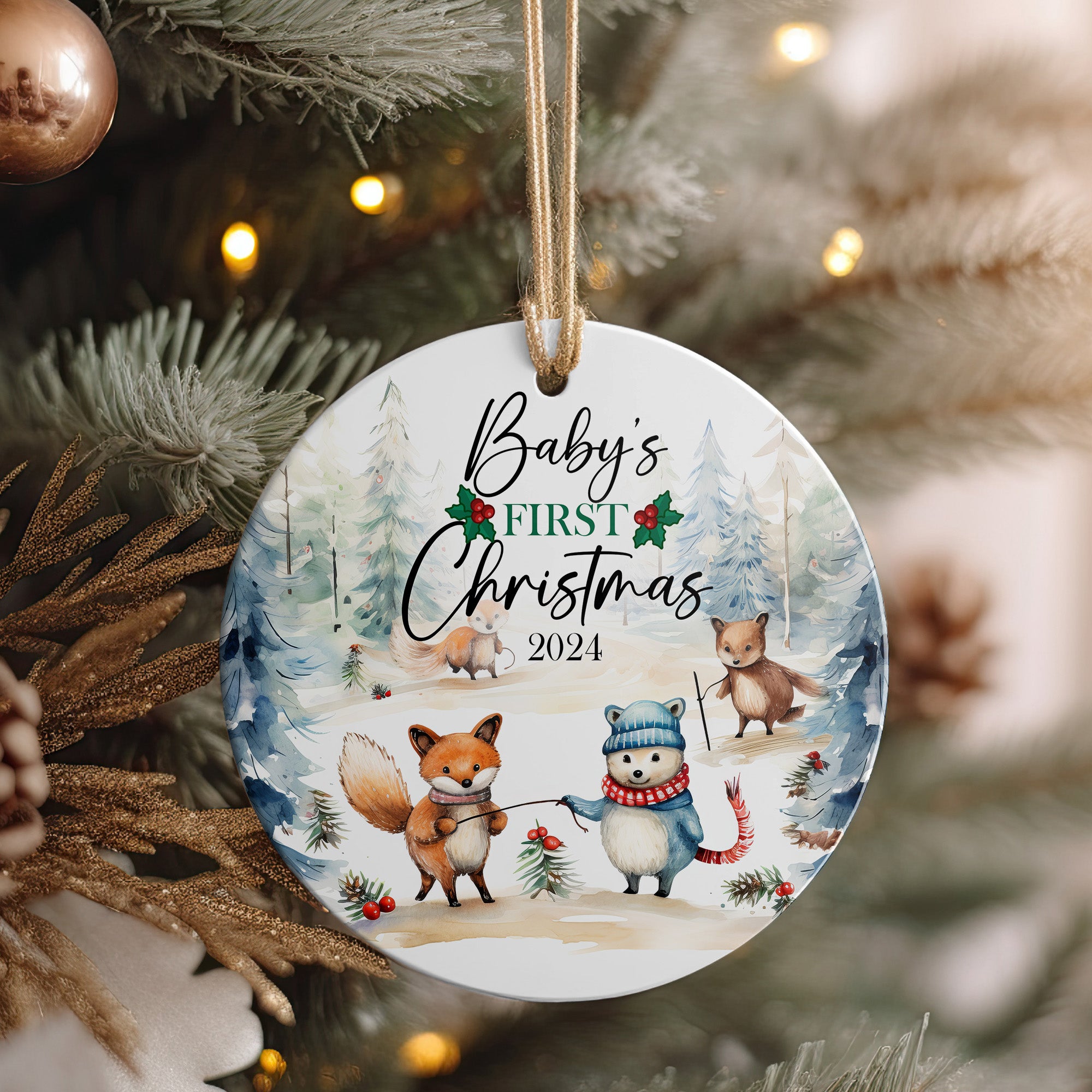 Personalized Baby's First Christmas 2024 Ceramic Ornament - Handcrafted with Woodland Animal Design, Perfect for New Parents and Holiday Keepsakes - Image 4