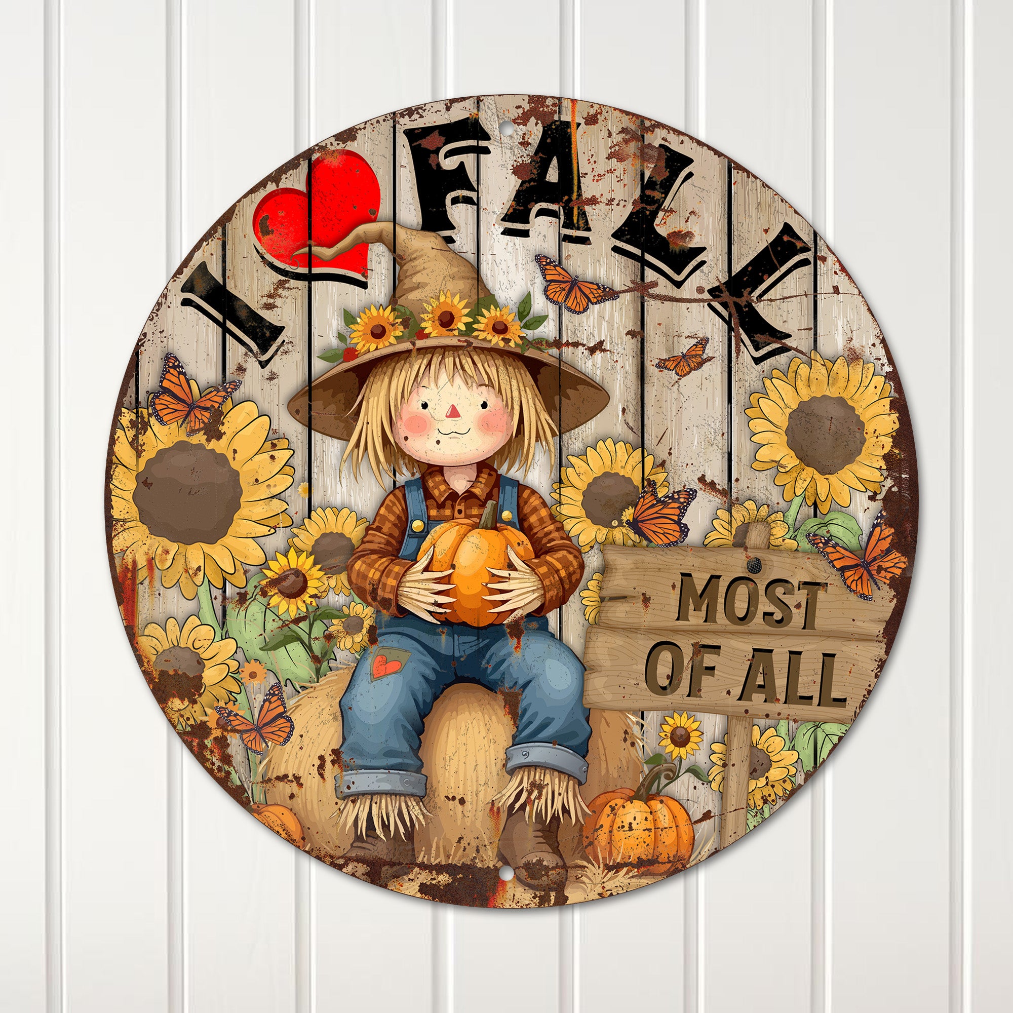 Personalized Fall Harvest Metal Sign – Charming Scarecrow with Pumpkins & Sunflowers for Autumn Decor - Image 4