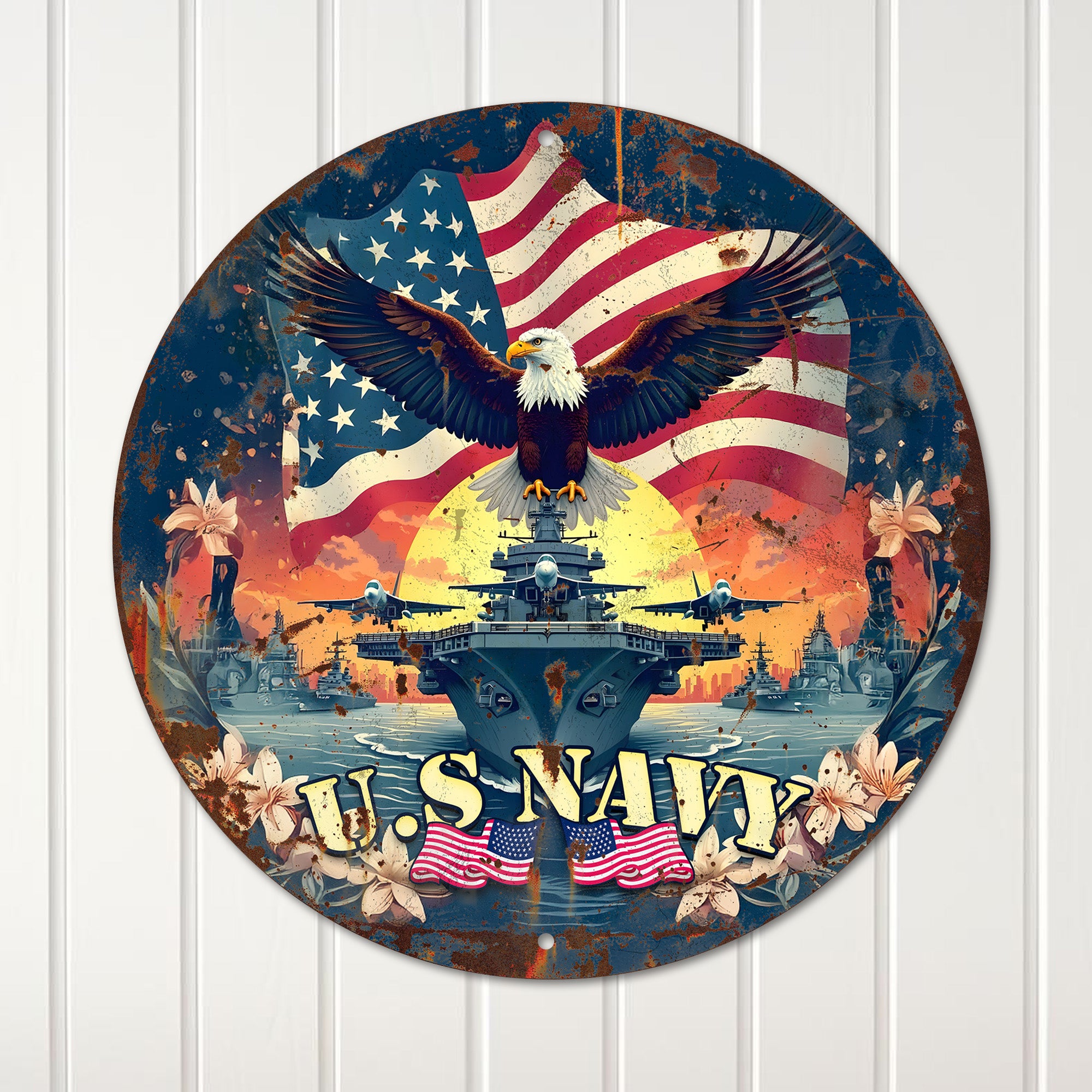 Personalized U.S. Navy Round Metal Sign - Patriotic Home Decor with American Eagle and Floral Accents for Military Enthusiasts - Image 4