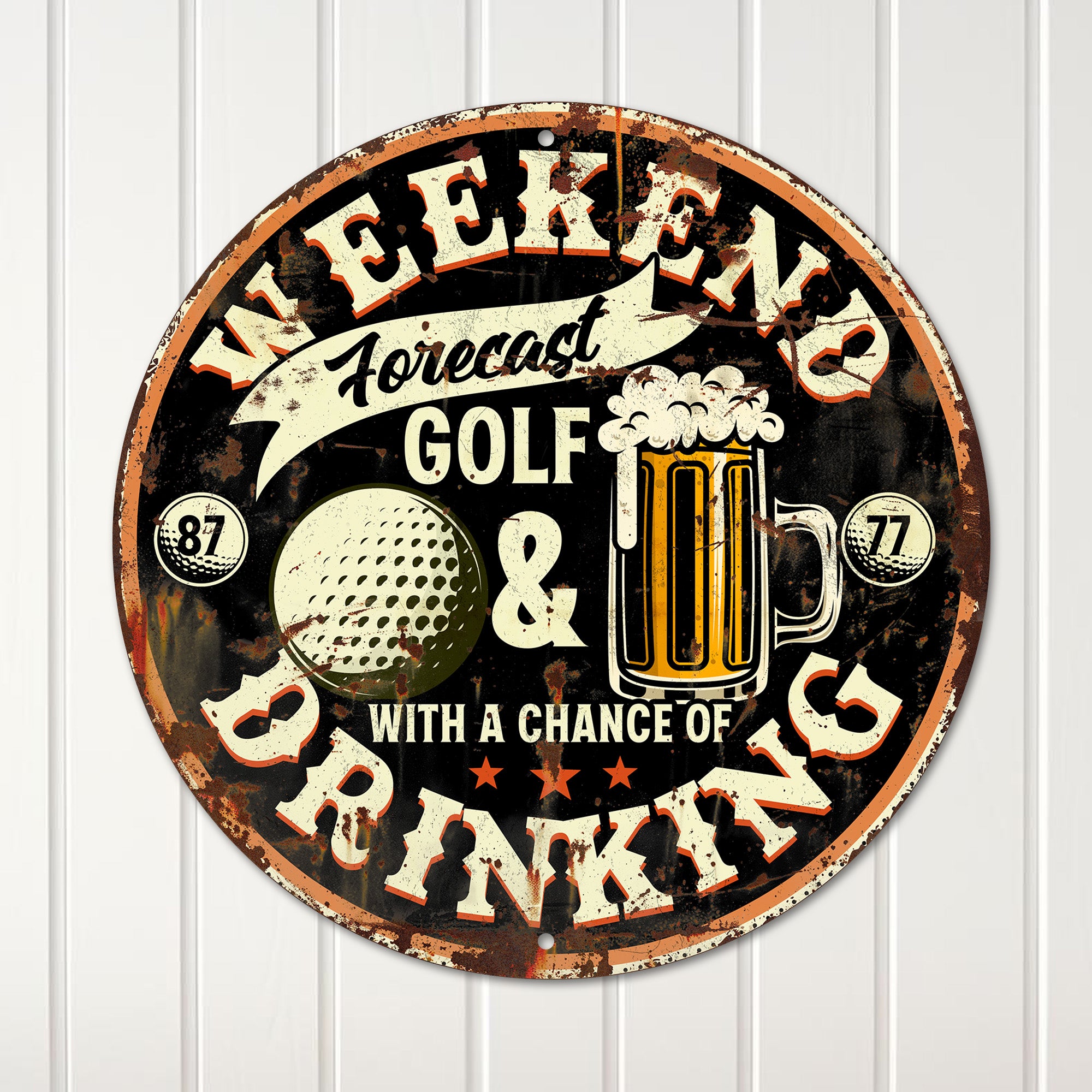 Personalized Round Metal Sign - Golf & Drinking Weekend Forecast - Rustic Wall Art for Mancave, Bar, or Patio - Image 4