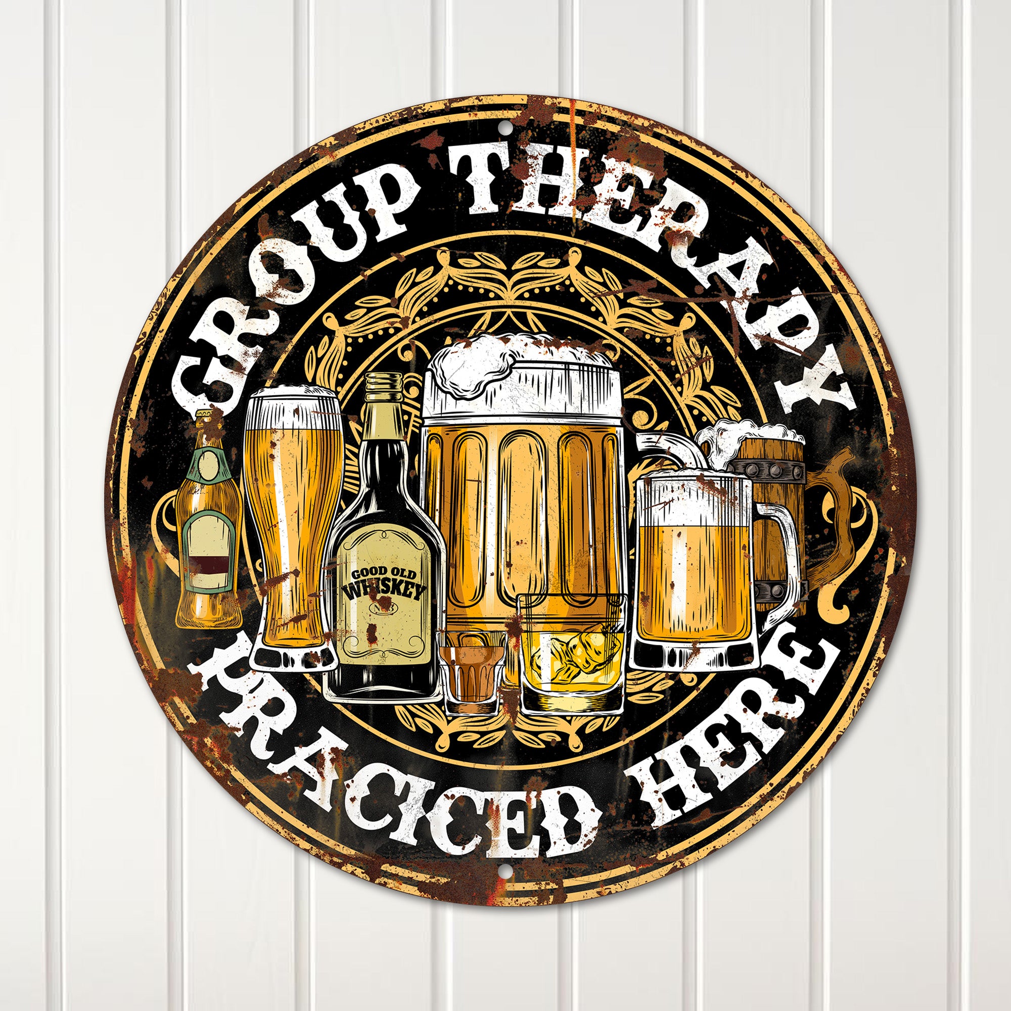 Personalized "Group Therapy Practiced Here" Round Metal Sign - Rustic Bar Decor for Beer & Whiskey Lovers - Image 4