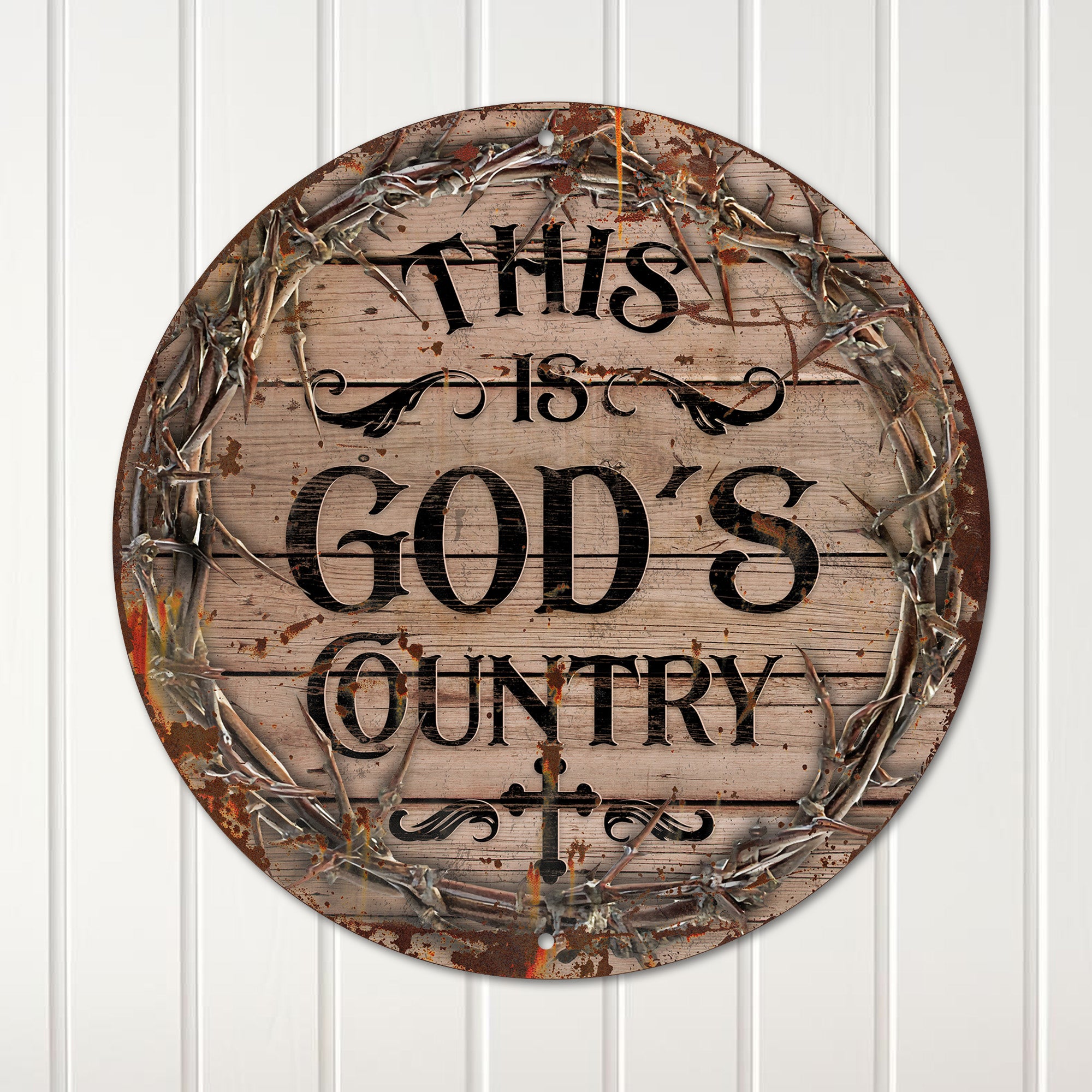 Personalized Round Metal Wall Sign - "God's Country" Rustic Design with Crown of Thorns and Oak Finish for Christian Home Decor - Image 4