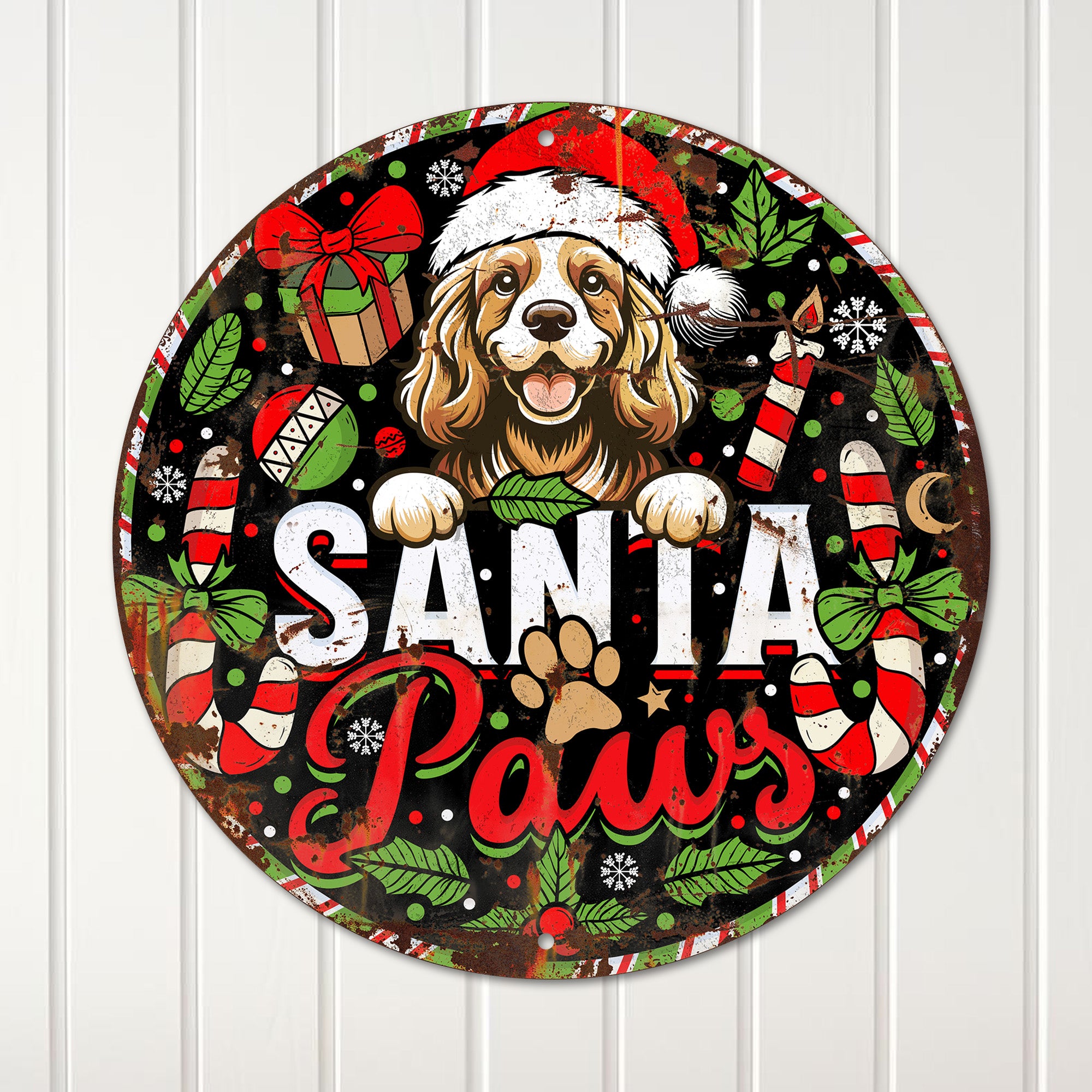 Personalized Santa Paws Round Metal Sign – Custom Christmas Decor for Dog Lovers, Handmade and Unique Gift Idea - Image 4